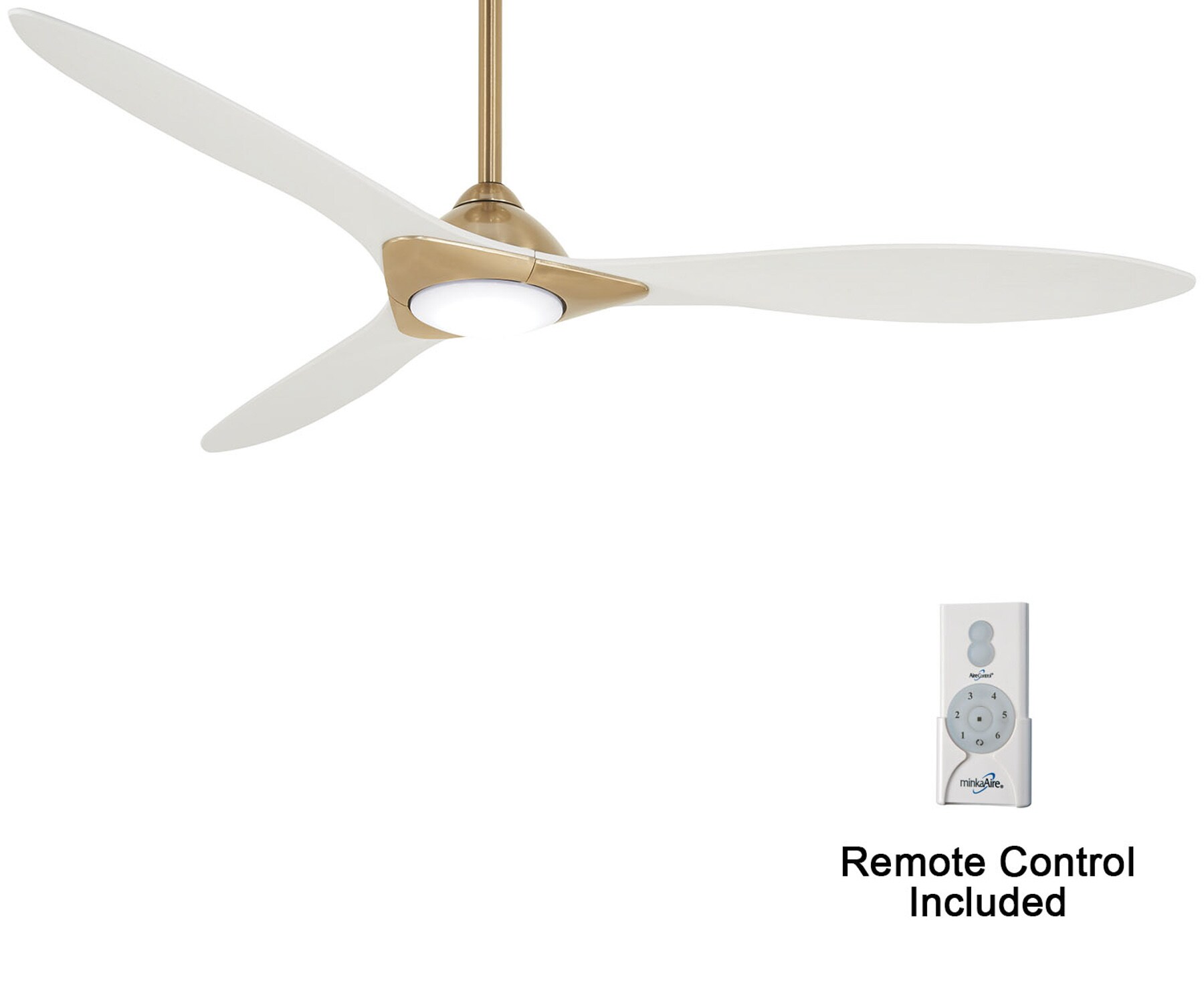 Minka Aire Sleek 60-in Soft Brass with Flat White Blades Integrated LED Indoor Smart Propeller Ceiling Fan with Light and Remote (3-Blade) F868L-SBR/WHF Sansujyuku sansujyuku.com