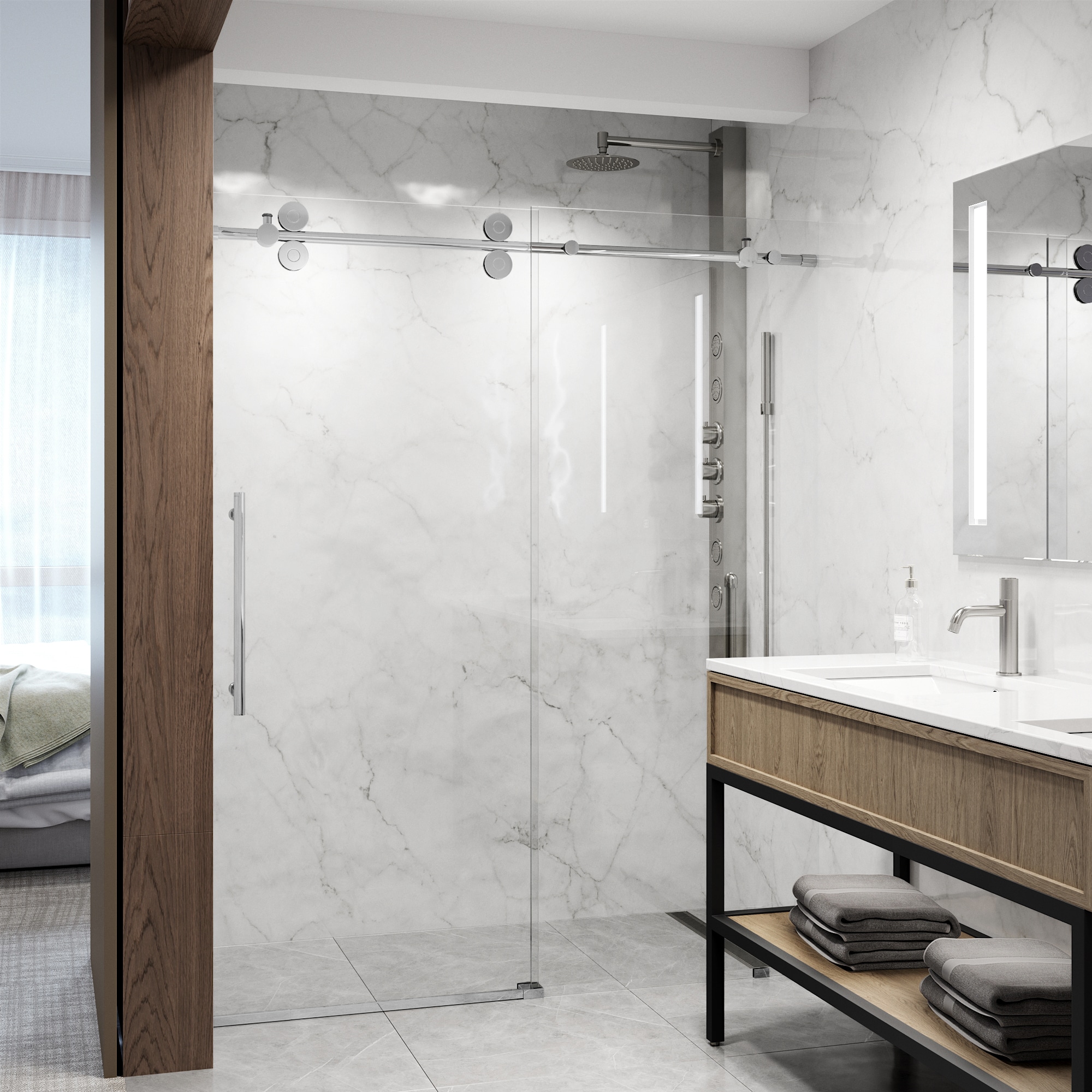 VIGO VG6041CHLM6074 Elan Chrome 56-in to 60-in W x 74-in H Frameless Sliding Shower door 3/8-in Thick Clear Glass