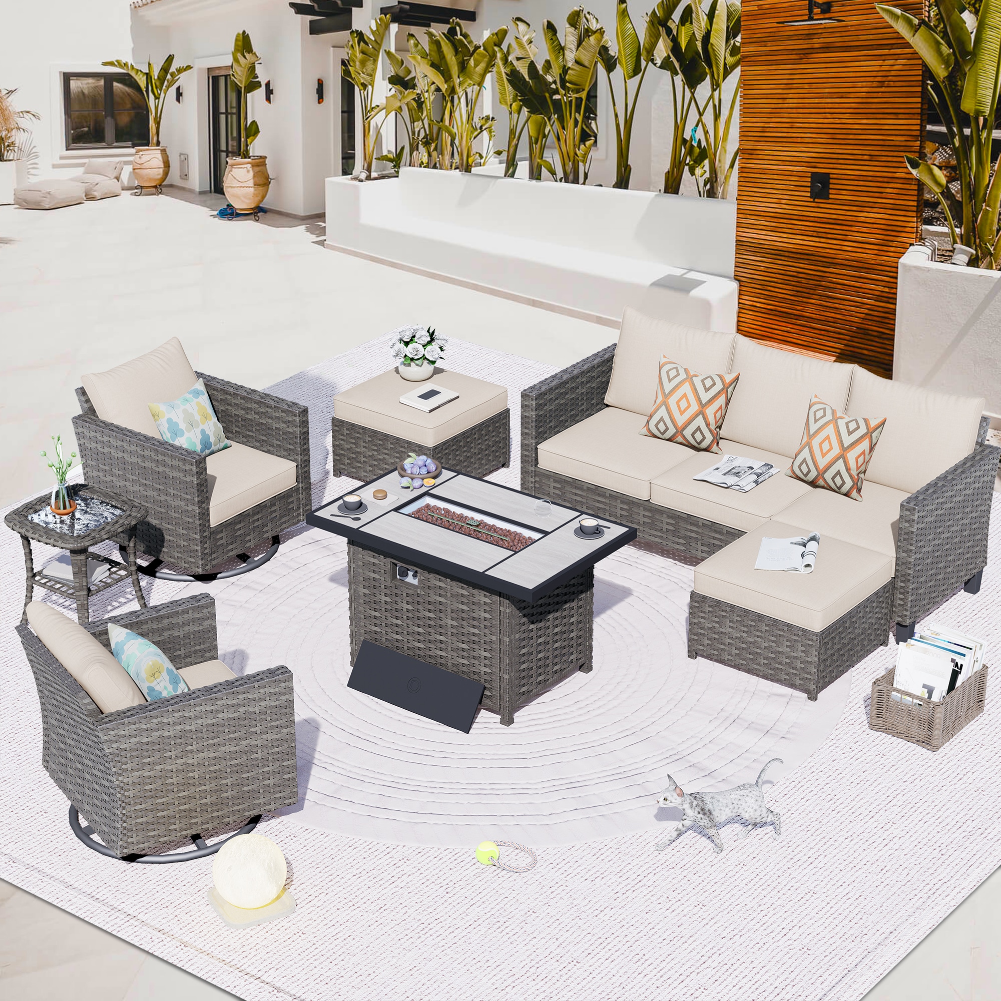 Pouuin SYZGRS605 7 -Piece Wicker Patio Sofa Conversation Set with Beige Cushions