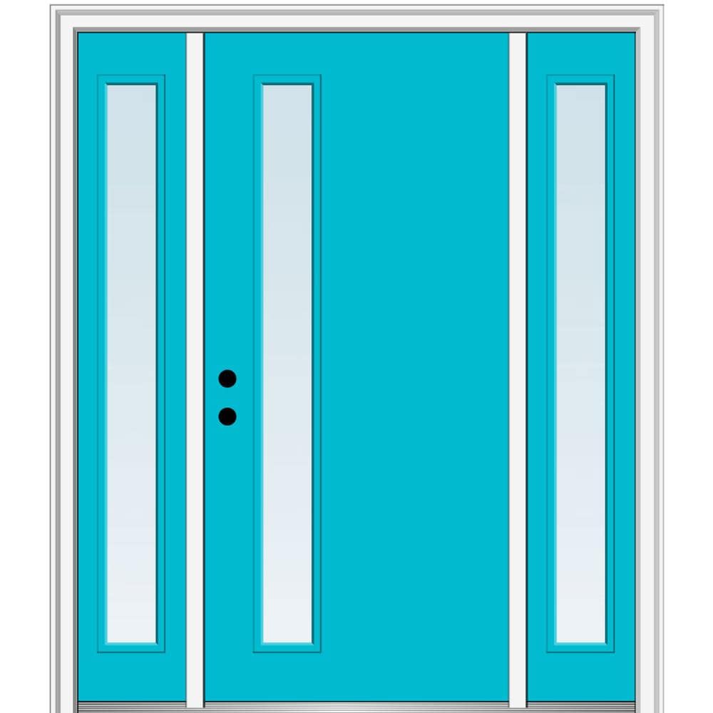 MMI DOOR ZZ345726R Spotlights 60-in x 80-in x 4-9/16-in Fiberglass Pulse lite Right-hand inswing Bahama Blue Painted Prehung Front Door with Sidelights with Brickmould Insulating core