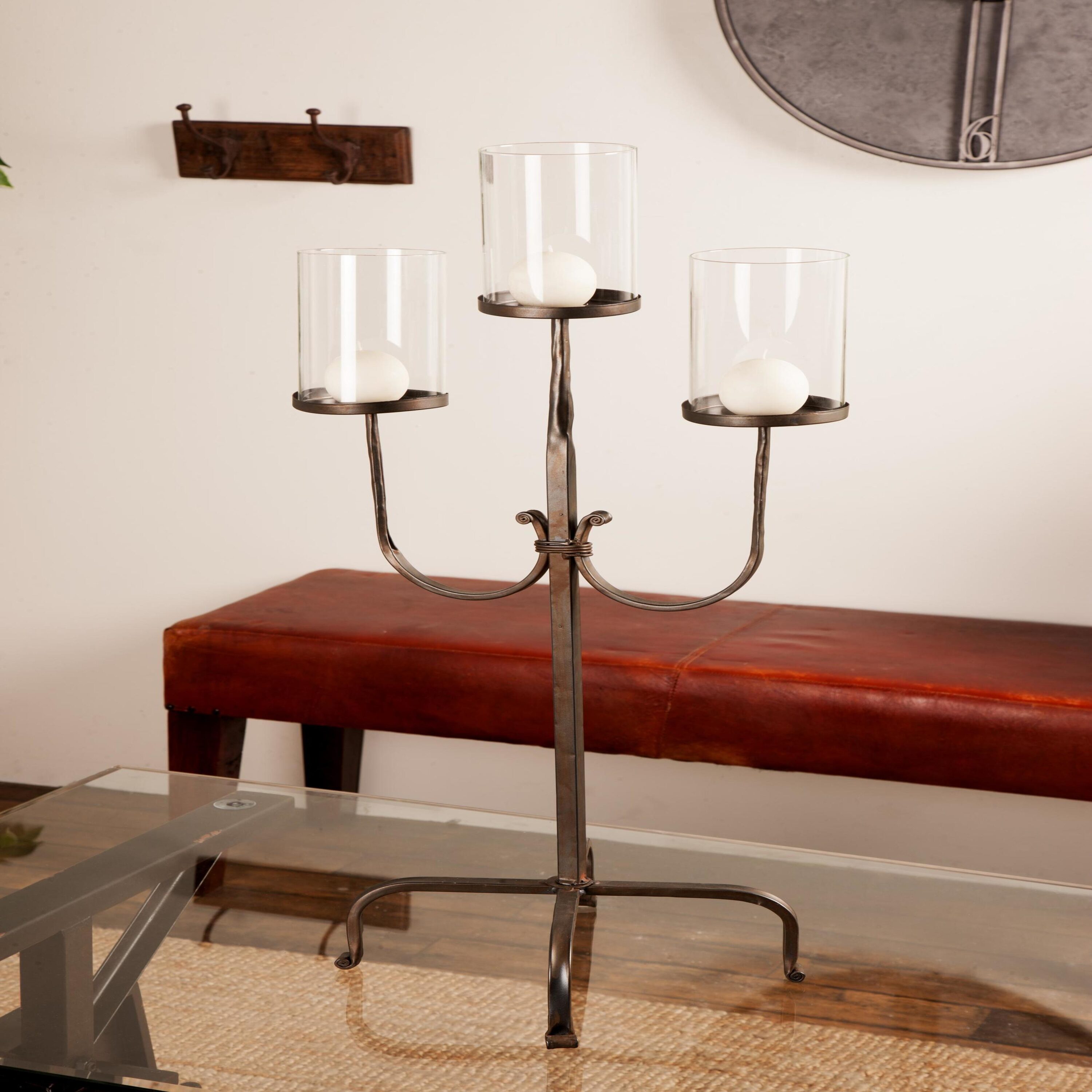 Black Iron 3-Light Hurricane Candelabra with Glass Shades