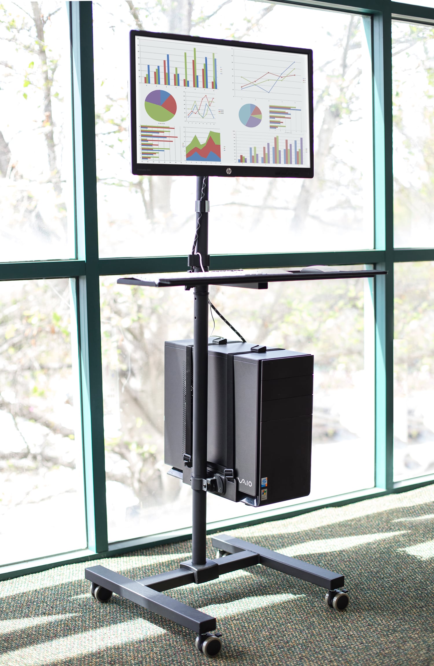 Black Height Adjustable Mobile Computer Cart with Monitor Mount and CPU Holder