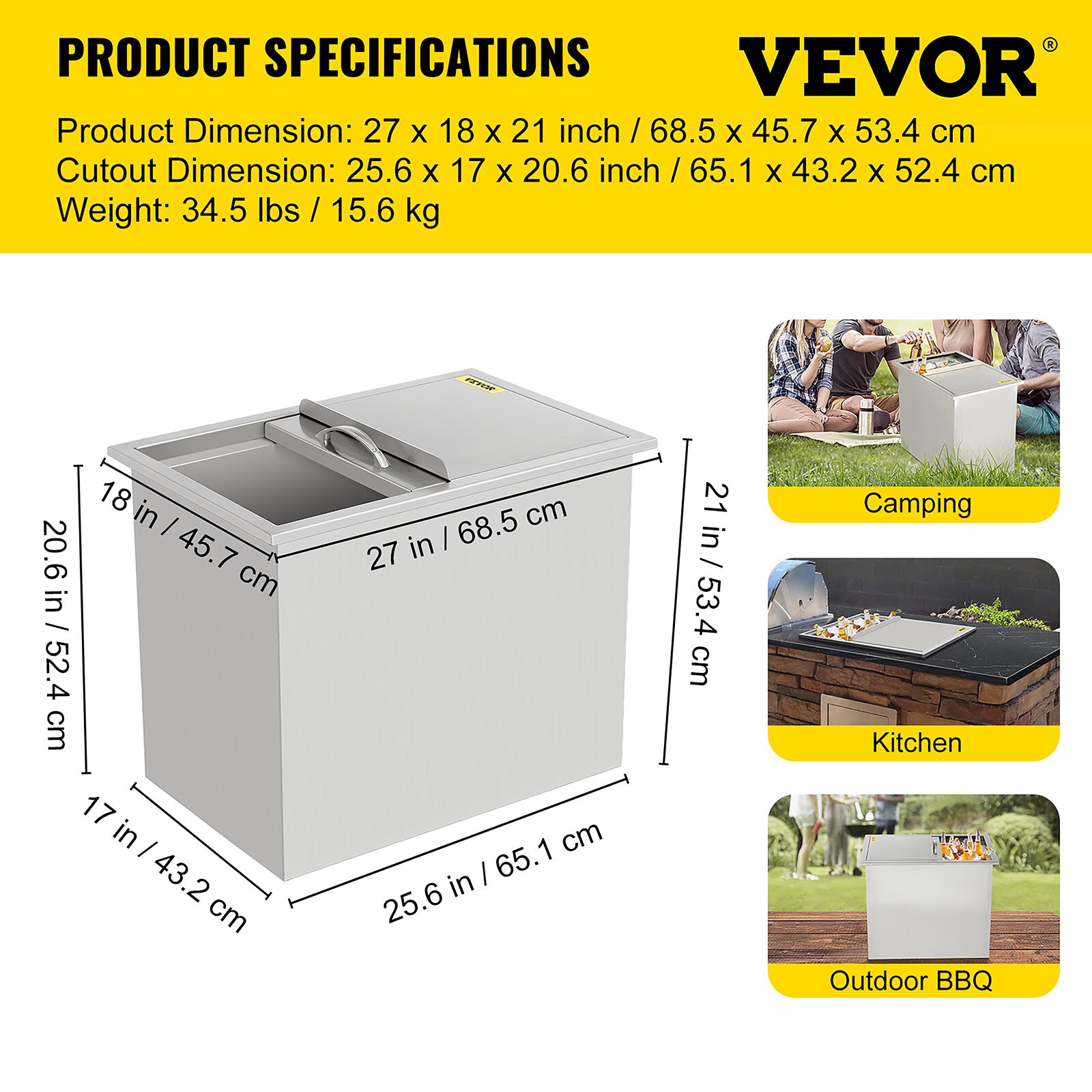 VEVOR Drop in Ice Bin Chest 20x20 inch Drop in Cooler Stainless Steel  Outdoor Drop in