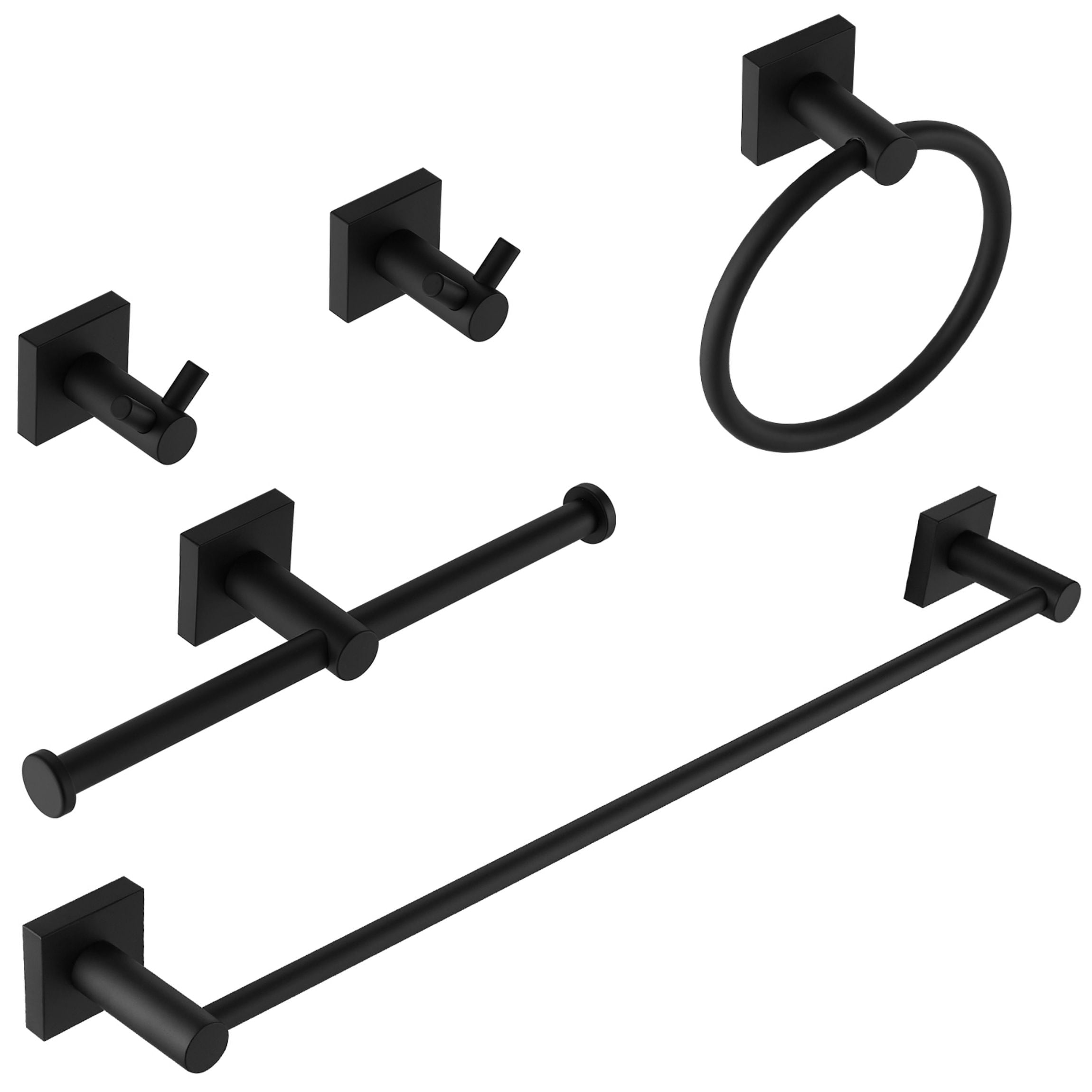WELLFOR FH791073-S-B-5 5 -Piece Stainless Steel Matte Black Decorative Bathroom Hardware Set Towel Bar, Toilet Paper Holder, Towel Ring ,Robe Hook Included