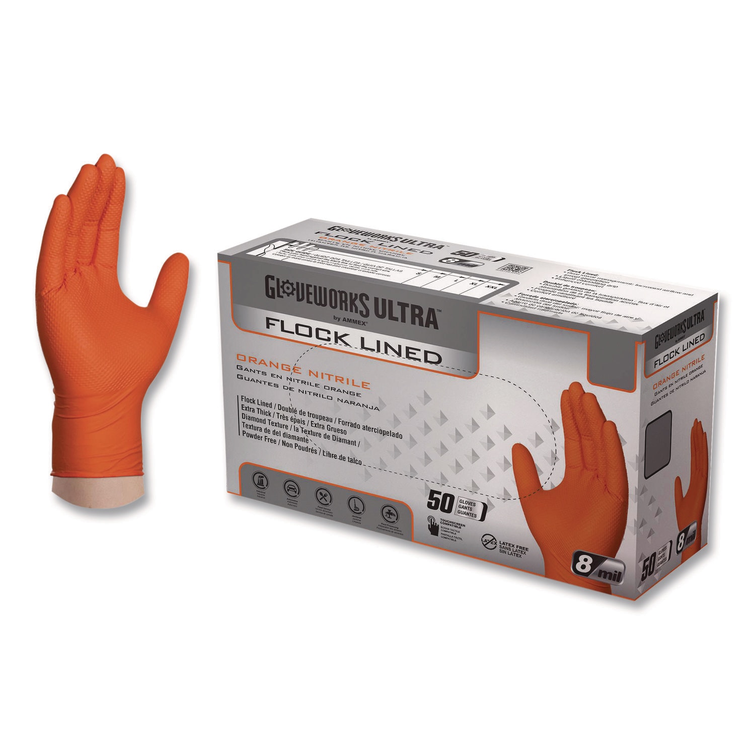 Gloveworks Ultra Industrial Flock-Lined Nitrile Disposable Gloves X-Large 8 mil Thick 9.06 in Long Orange 50/Box 10 Boxes/Carton