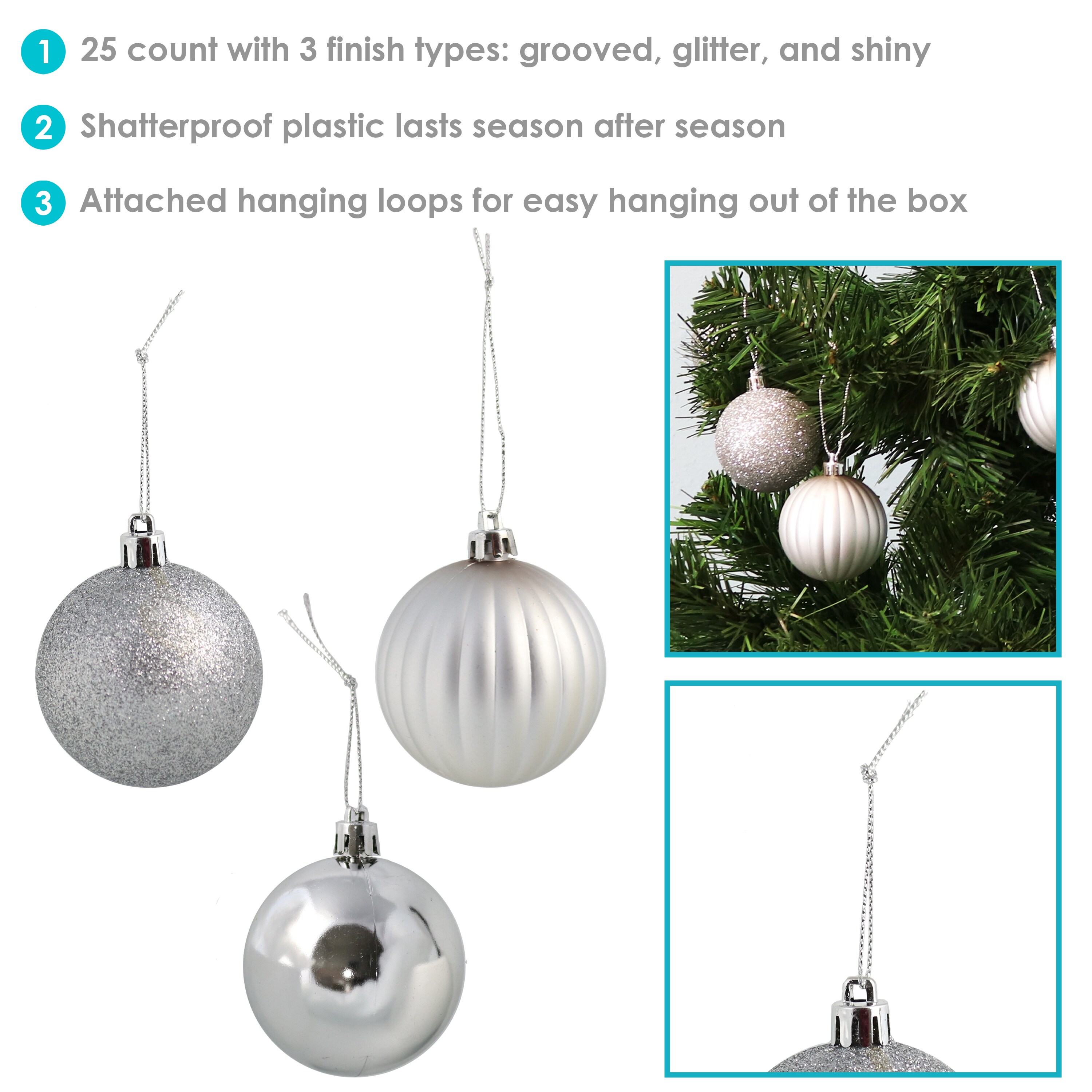 Sunnydaze Decor 25-Pack Silver Standard Indoor Ornament Set