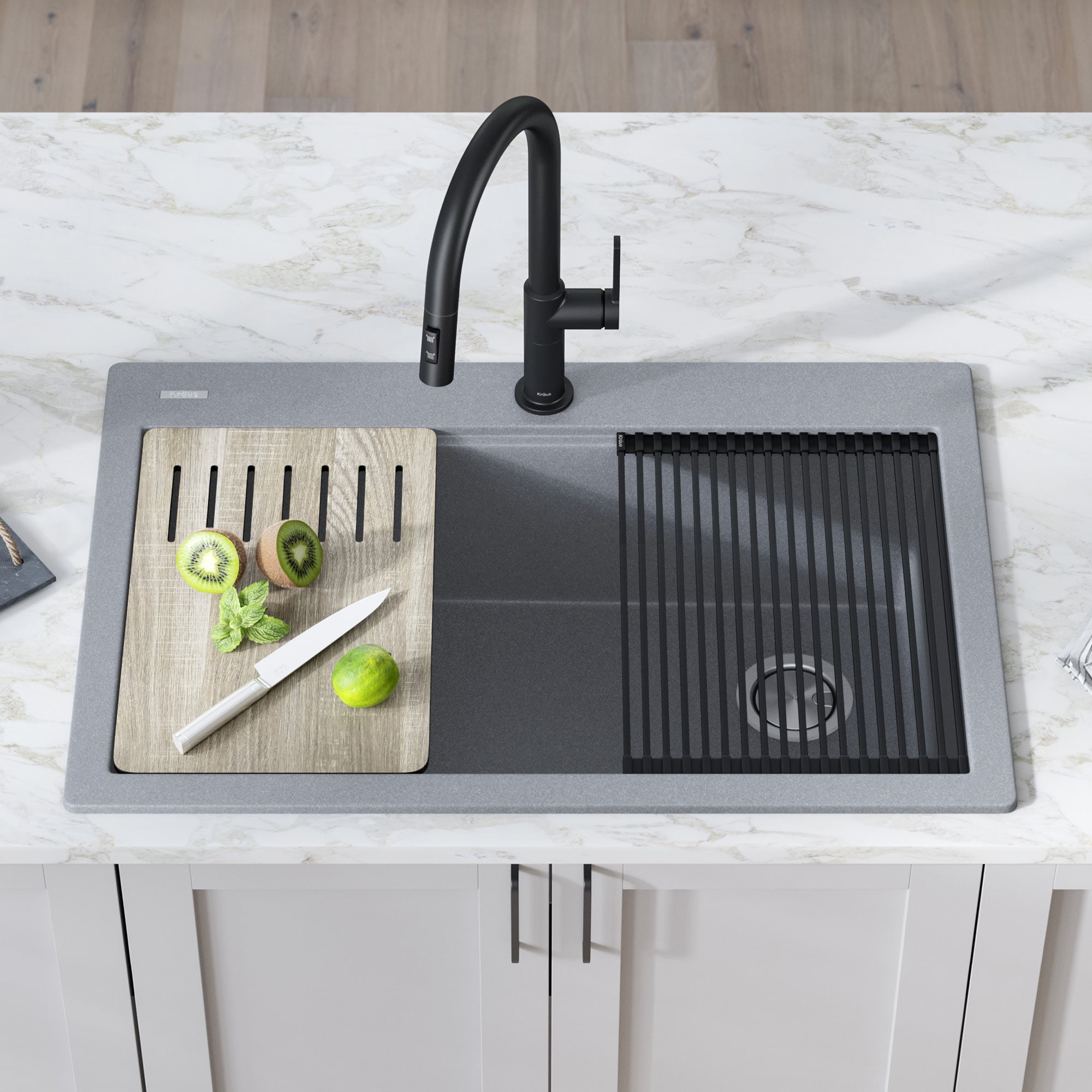 33 in. Metallic Gray Granite Composite Single Bowl Kitchen Sink