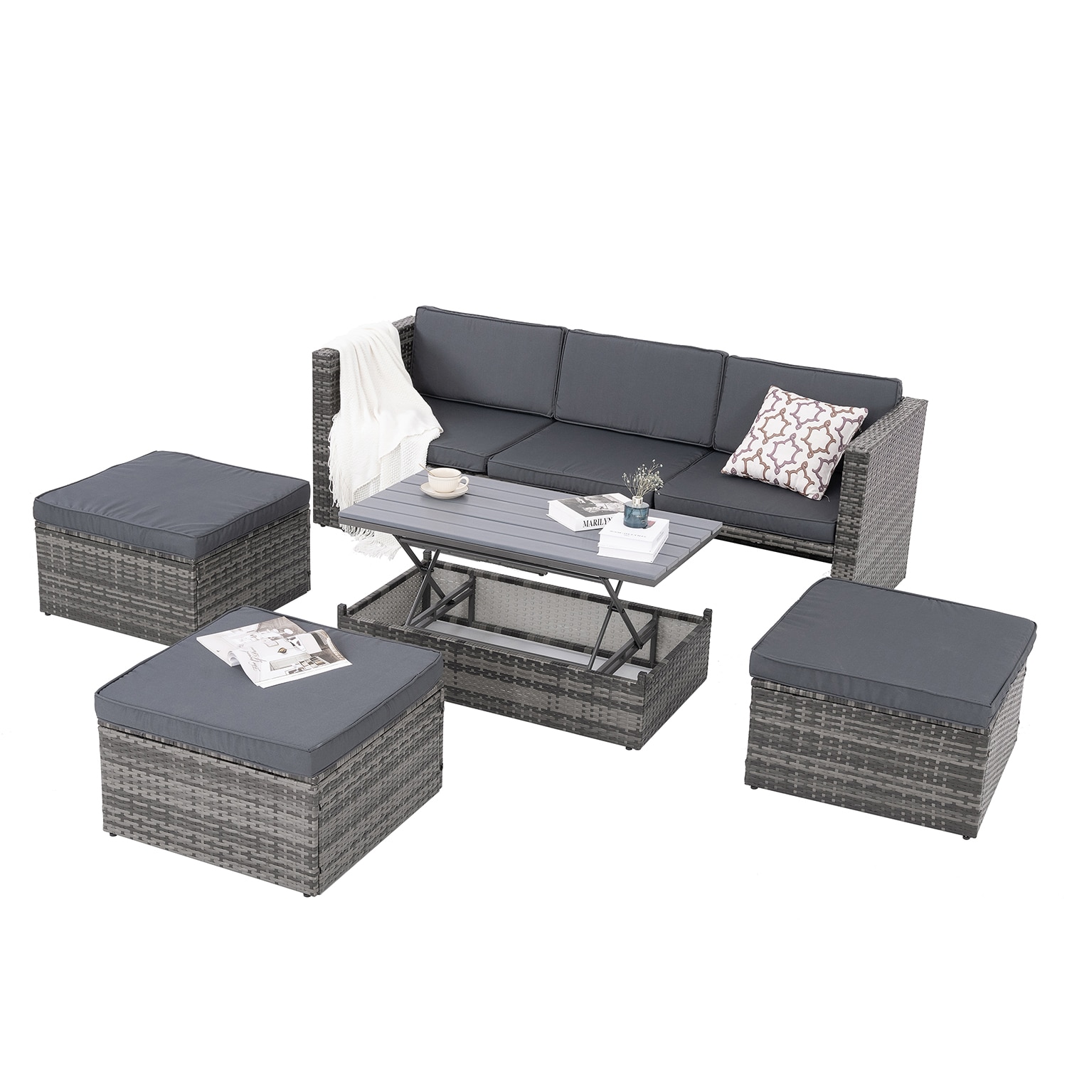 Bybafun YB7900008-1 5 -Piece Wicker Patio Sofa Conversation Set with Gray Cushions