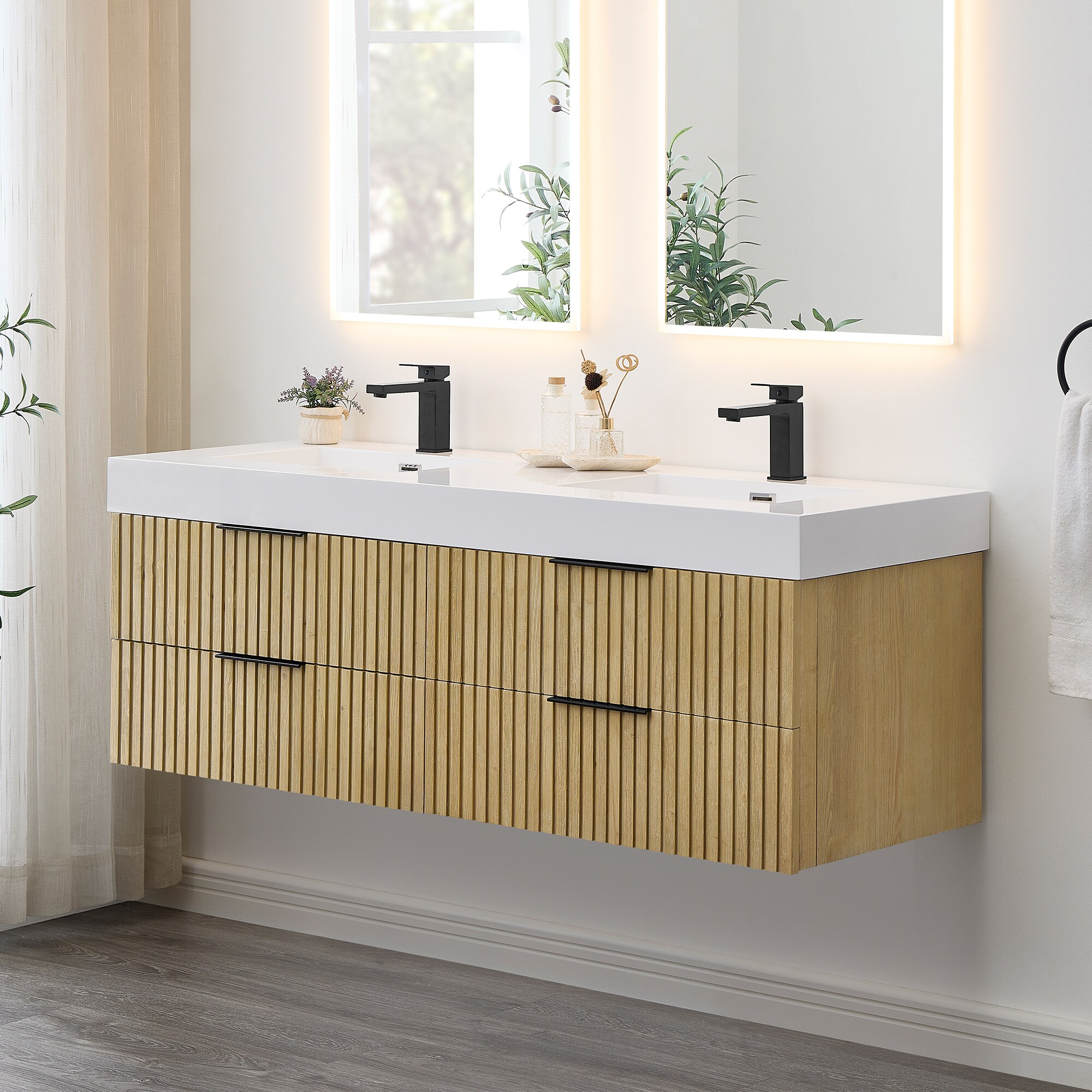 Livia 60" Nature Brown Fir Wood Wall-Mounted Vanity