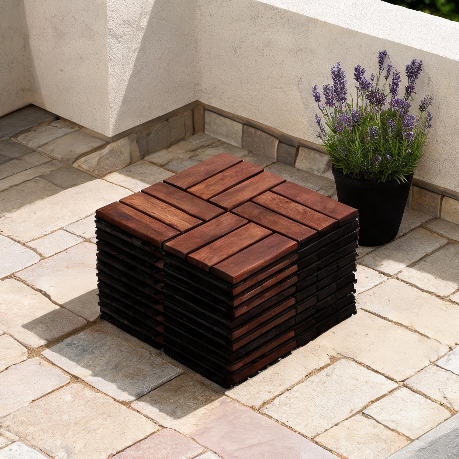 Naturefalls Acacia Wood Patio Flooring in Checker Pattern Snap-Lock Installation Brown