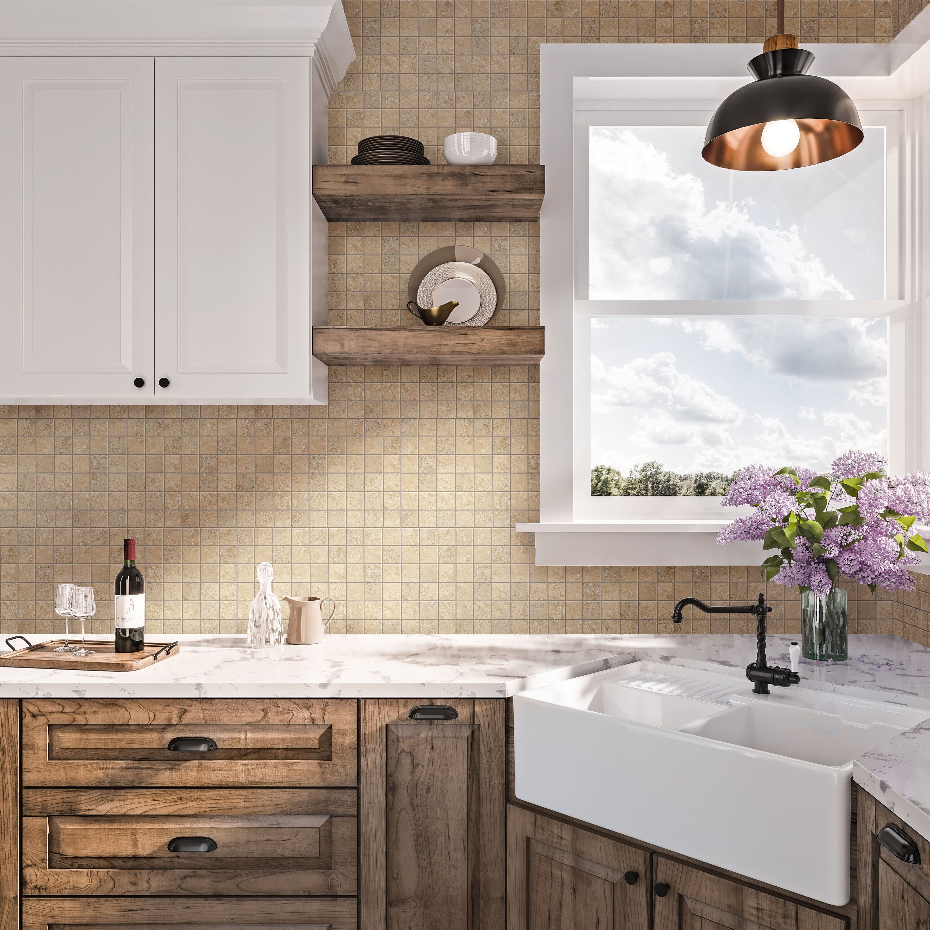 Splendor Beige Porcelain Mosaic Tile Sheet for Kitchen and Bathroom