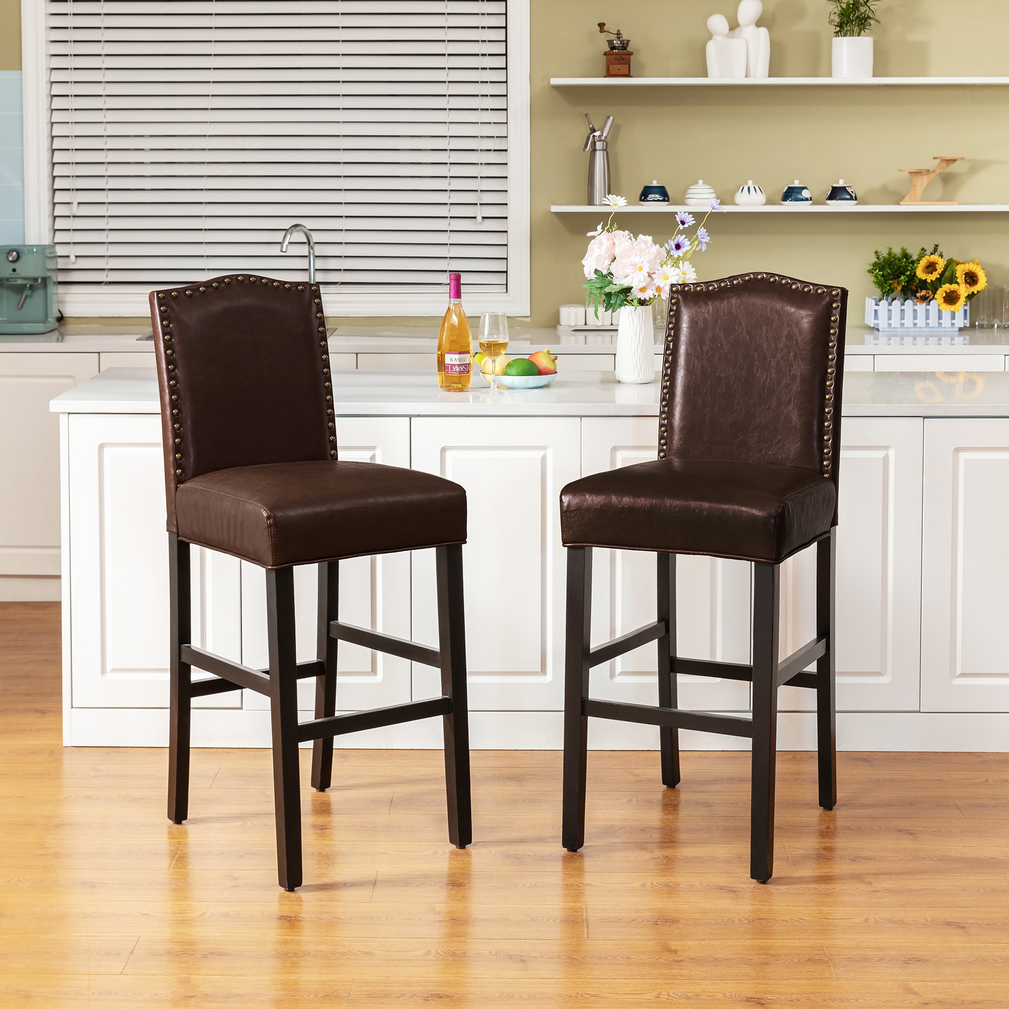 Glitzhome Set of 2 Brown 27.16-in H Tall Upholstered Wood Bar Stool ...