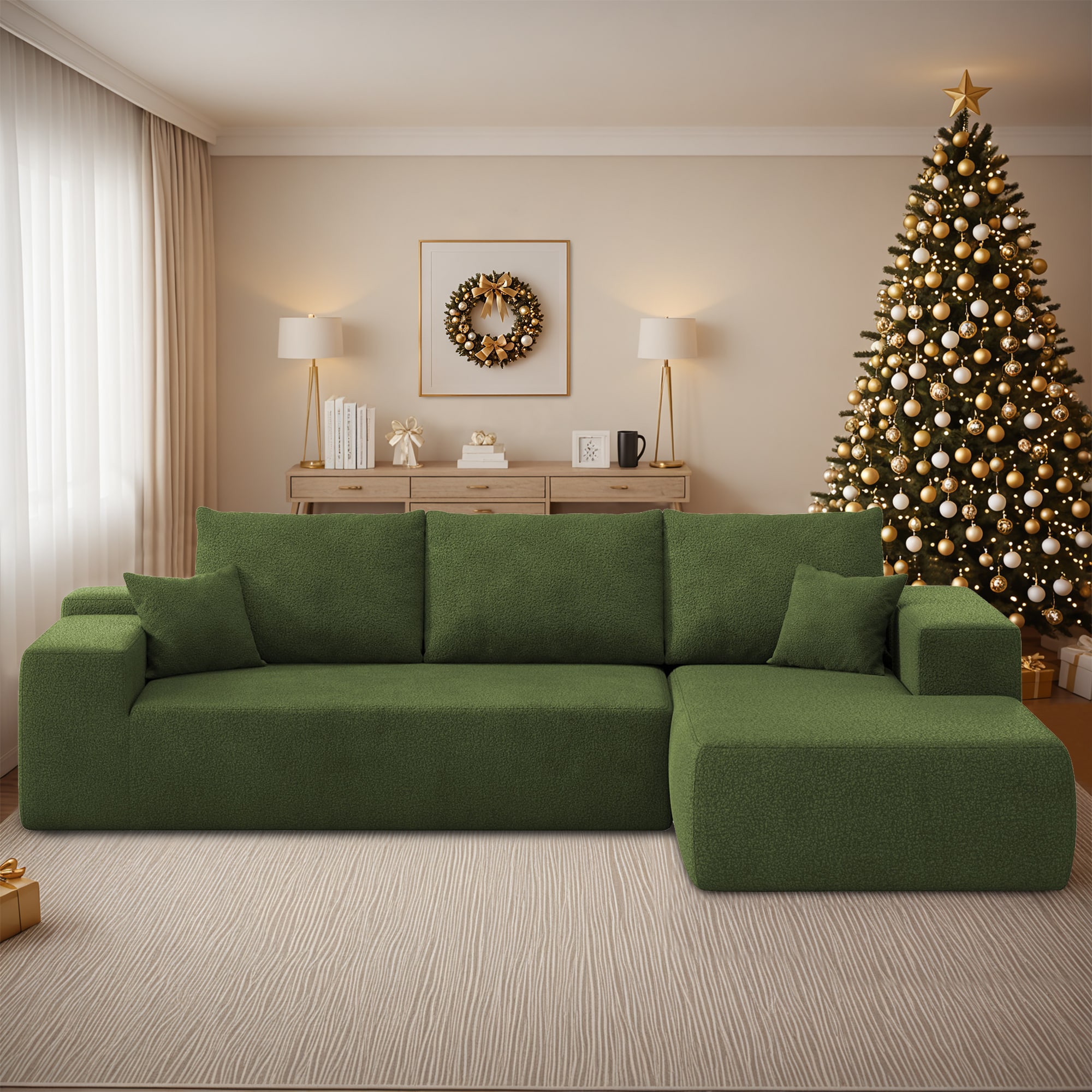 Pouuin SVIVI-670R 106.2-Inches Casual Green Cloud Velvet 3 -seater Sectional