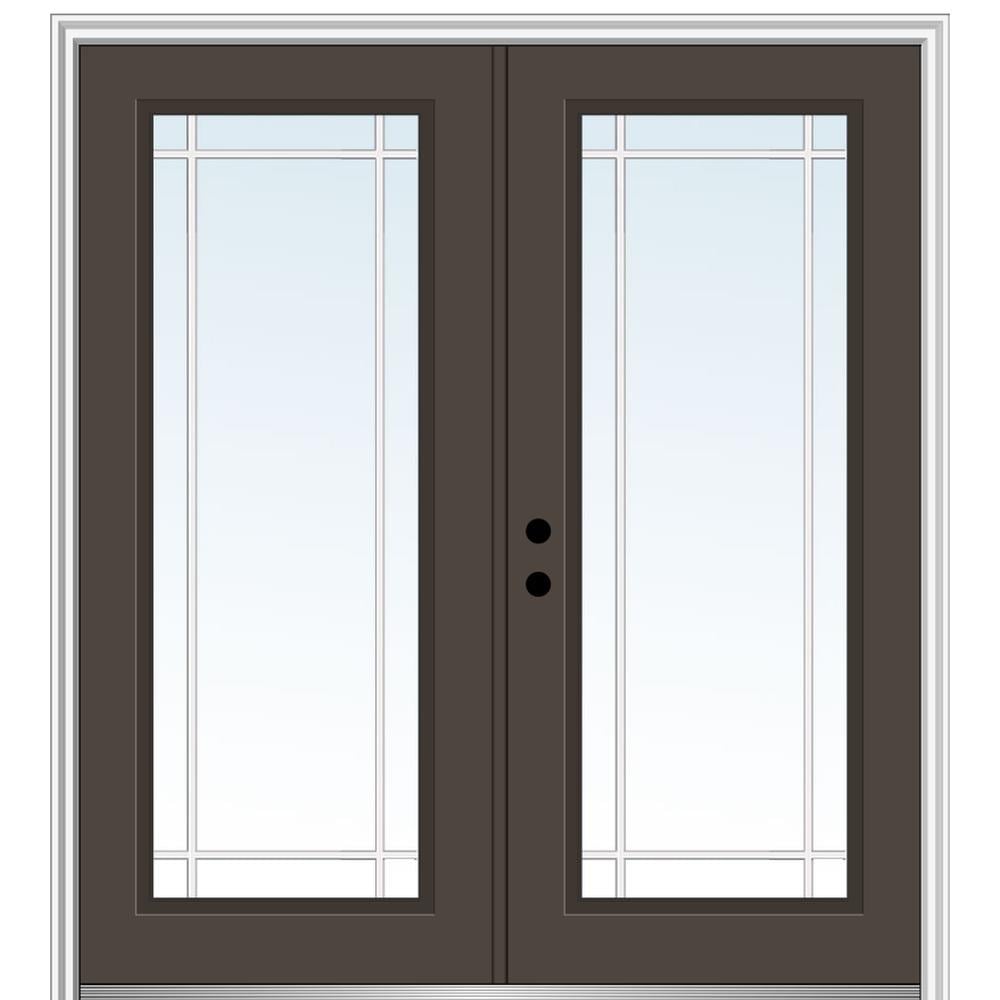 MMI DOOR ZZ05624R 60-in x 80-in x 4-9/16-in Fiberglass Full lite Right-hand inswing Brown Painted Prehung Double Front Door with Brickmould Insulating core with Grilles