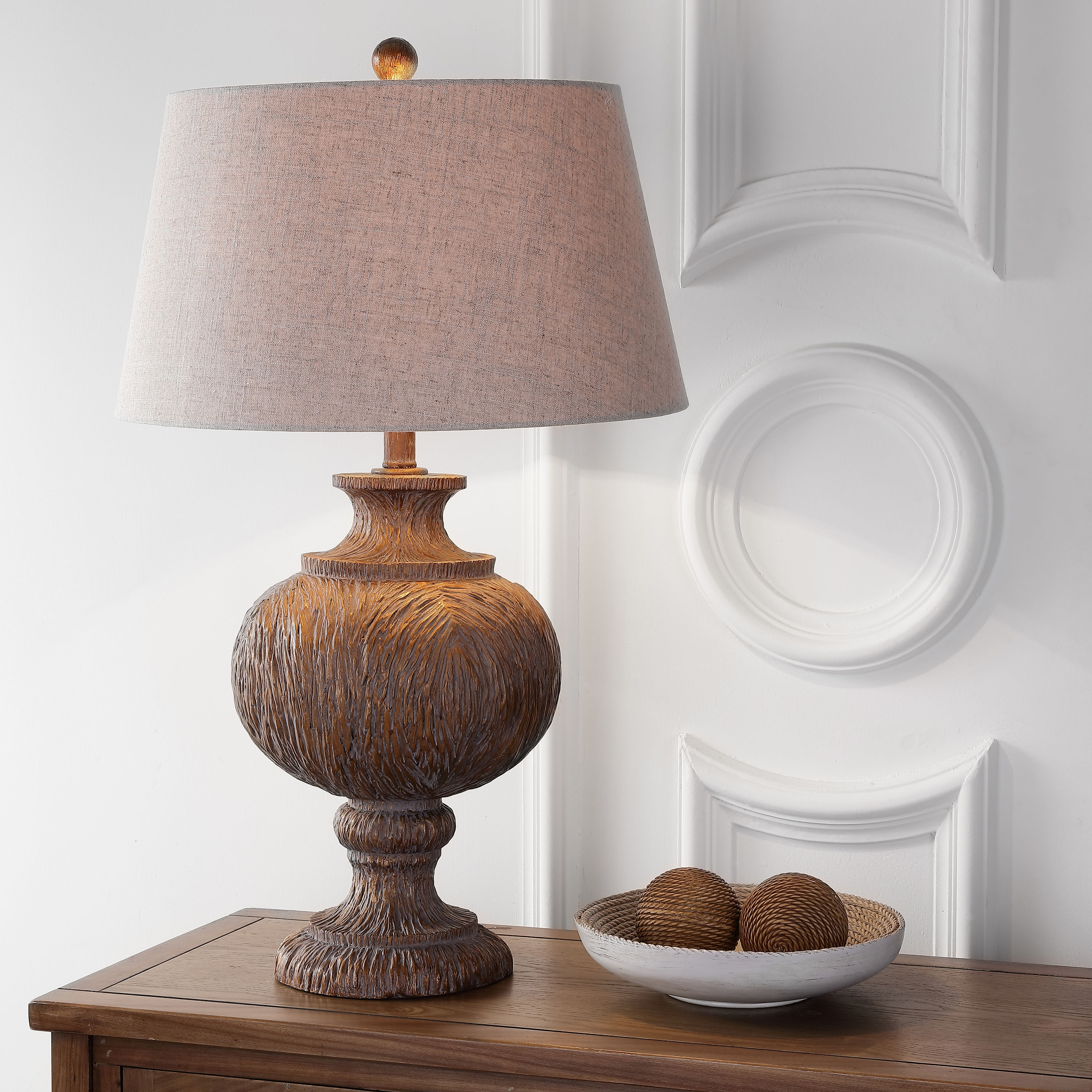 JONATHAN  Y JYL3013A Cabin/Lodge 30.5-in Dark Brown Led; Rotary Socket Table Lamp with Linen Shade
