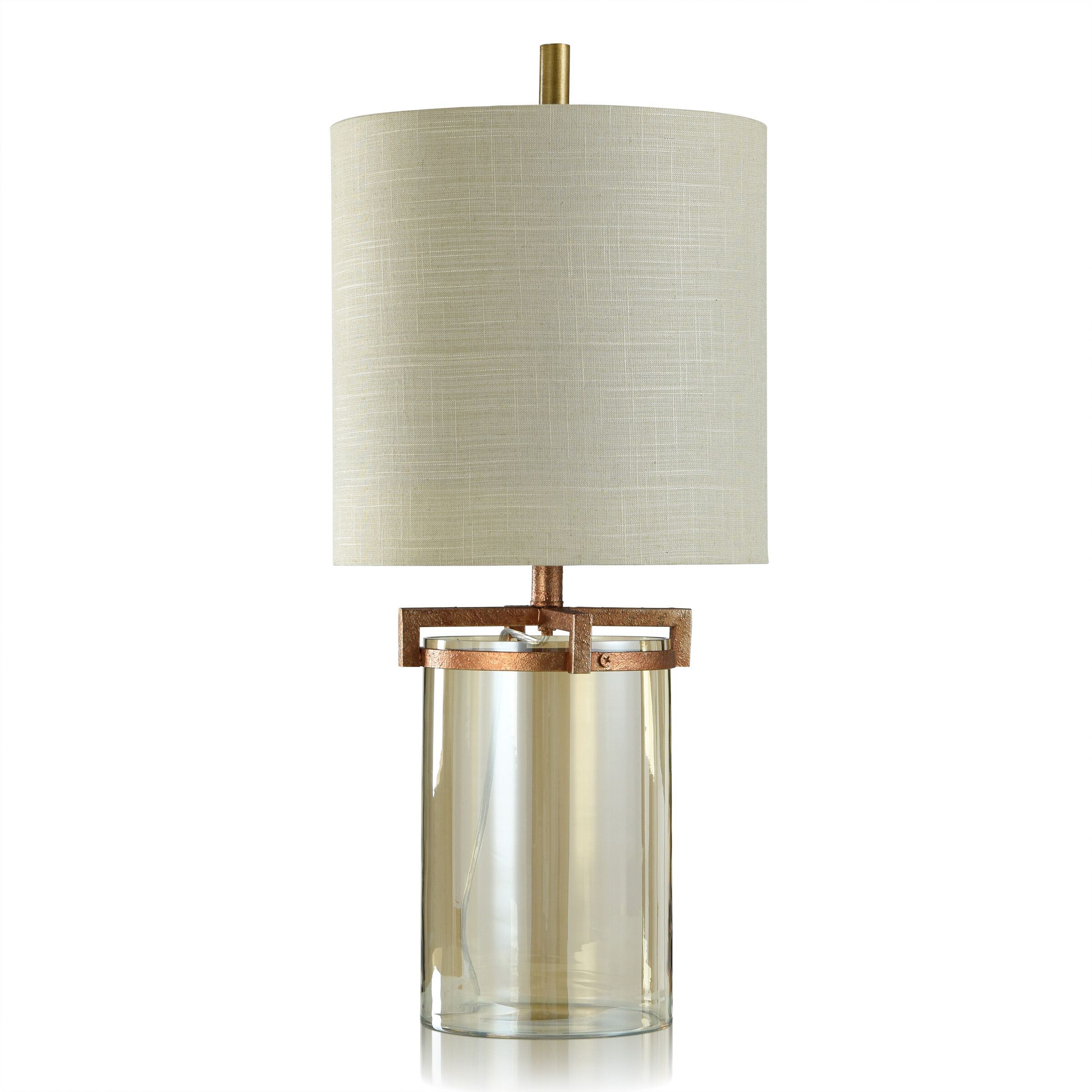 StyleCraft Home Collection L211056DS Goldstone Clear Glass, Antique Brass, Textured Cream 3-way Table Lamp with Linen Shade