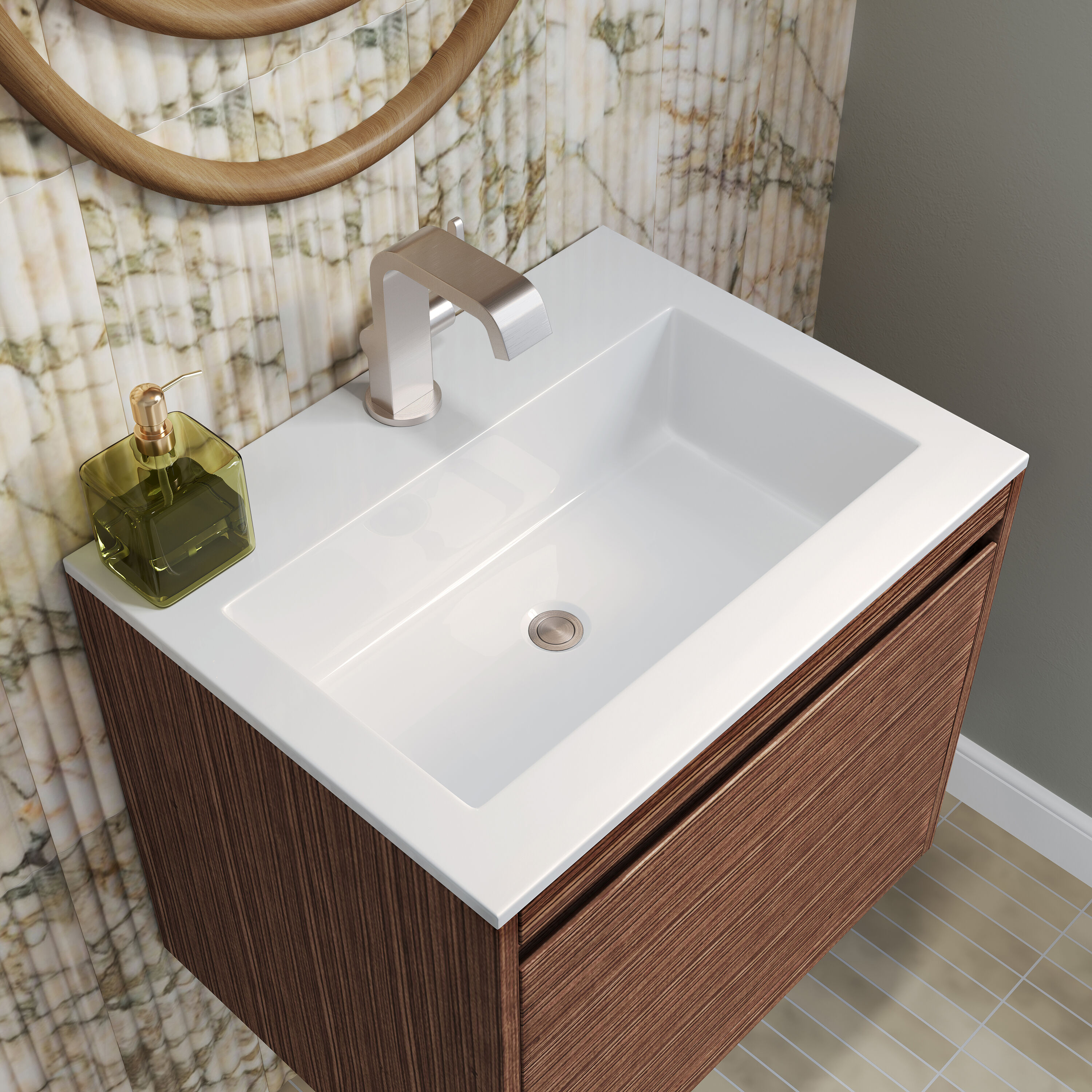 Mid-Century Walnut Single Vanity with Glossy White Top