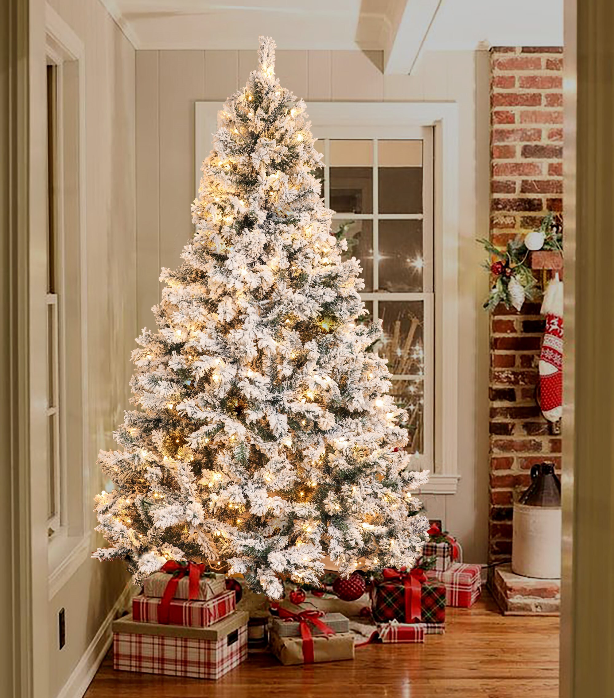 7-Foot White Flocked Spruce Artificial Christmas Tree with LED Lights