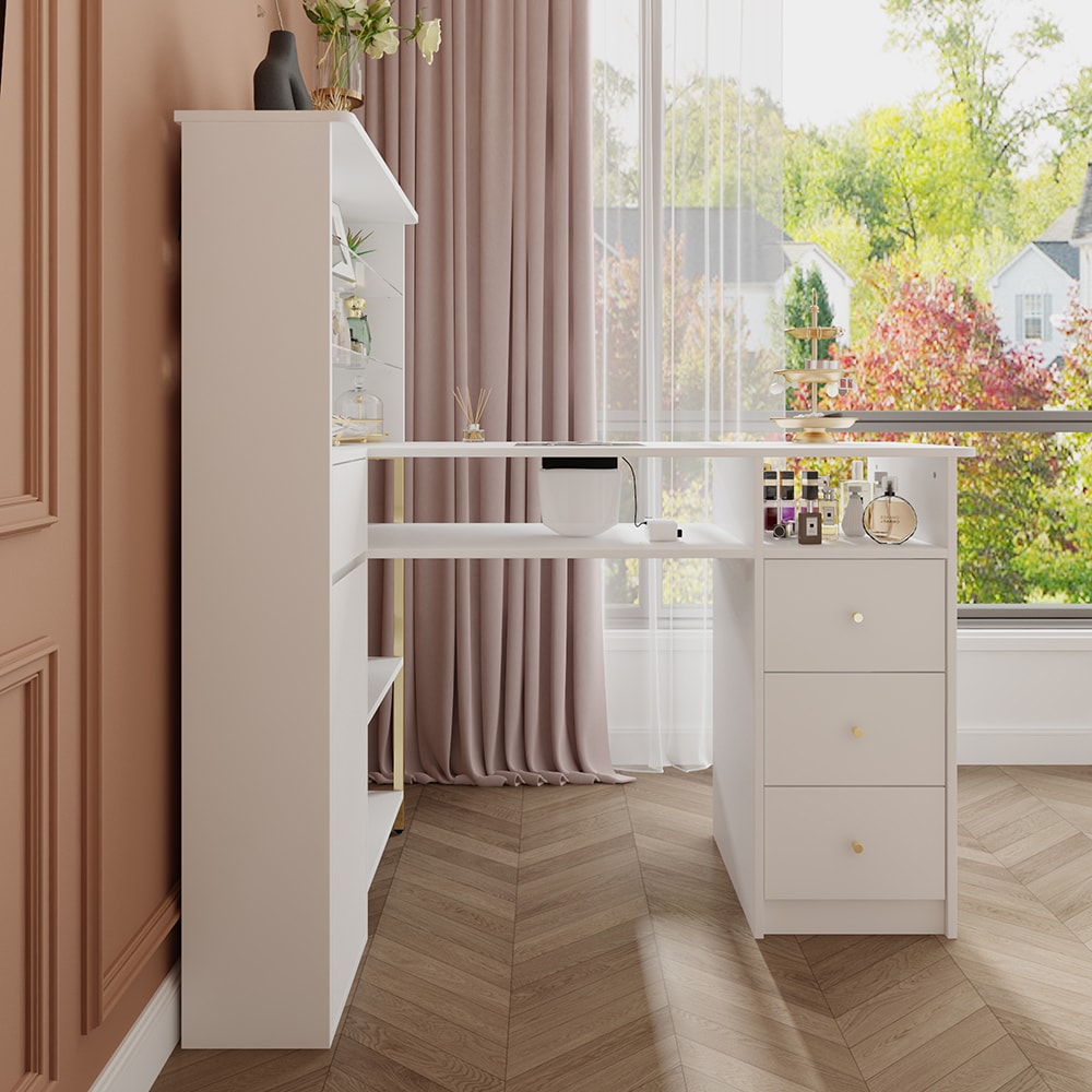 Homsee C-KF590017-01 Premium White Nail Table with Electric Dust Collector Adjustable Tempered Glass Shelves Gold Accents Spacious Storage and LED Lighting for Professional Nail Care Stations