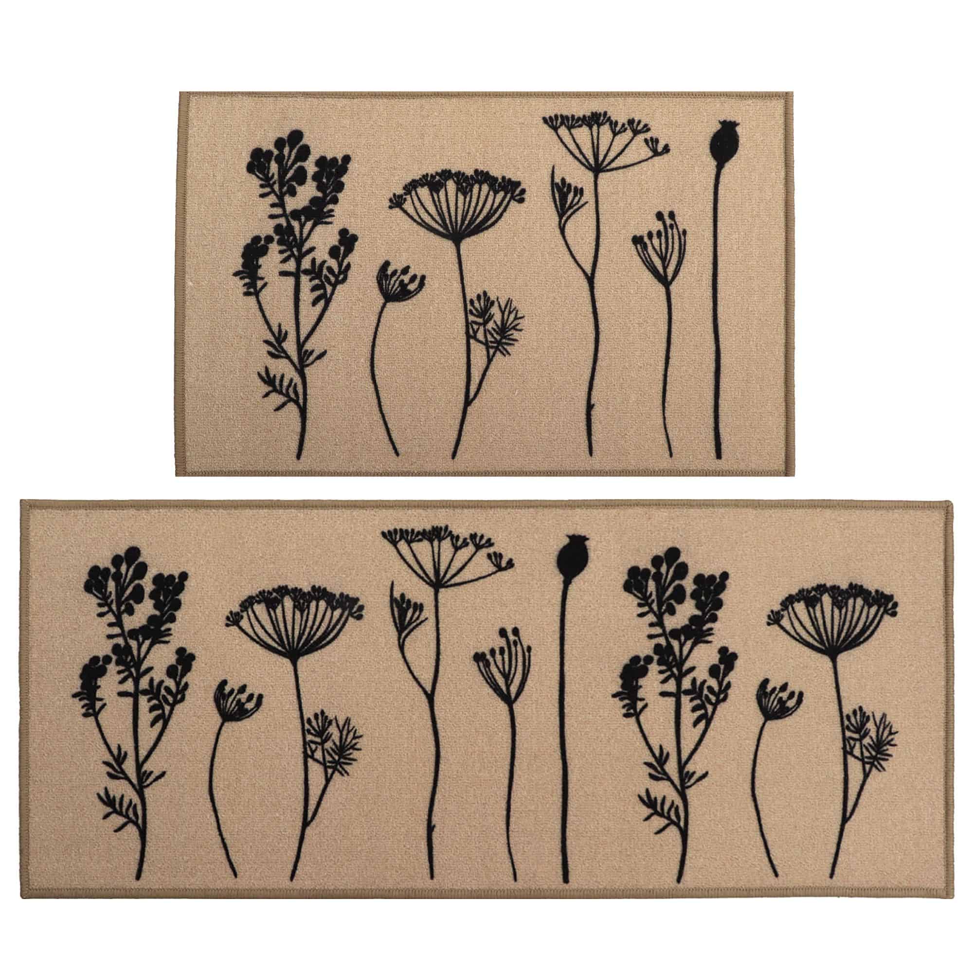 EVIDECO FRENCH HOME GOODS 20 x 48-in Tan Black Wool Effect Wildflowers Kitchen Mat Runner Rug Set of 2