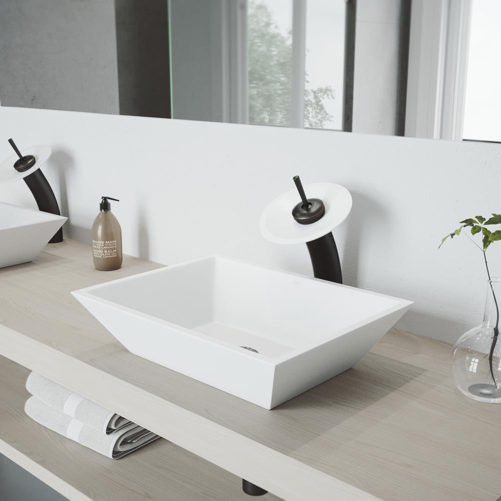 VIGO VGT1291 Vessel Sinks Matte White Matte Stone Vessel Rectangular Bathroom Sink with Faucet Drain Included (18-in x 13.75-in)
