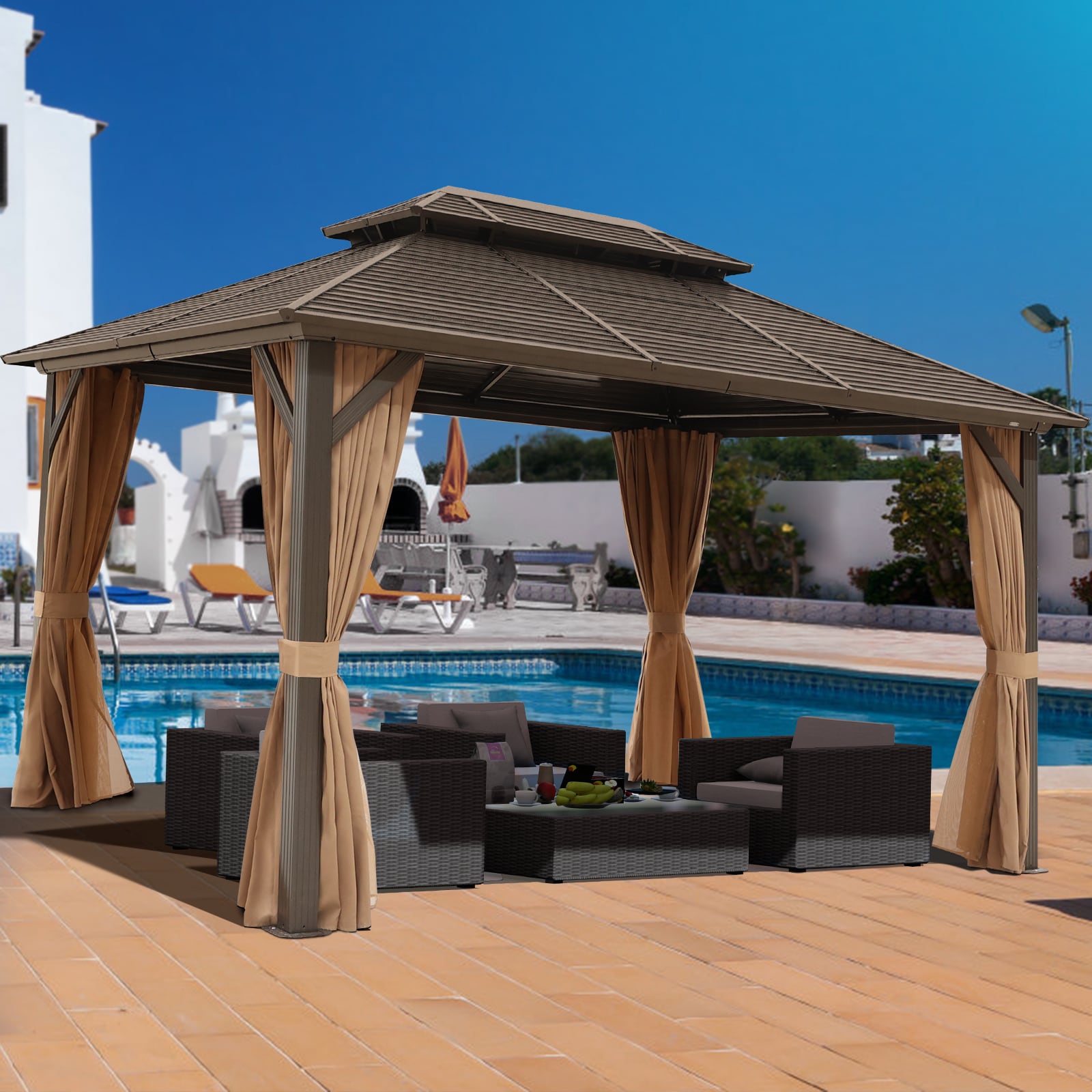 NOBLEMOOD LS-2003BN 13-ft x 10-ft Gazebos Brown Grill Gazebo with Hardtop Roof (Screen Included)