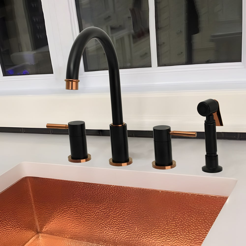 Matte Black and Rose Gold Double Handle Kitchen Faucet with Side Sprayer