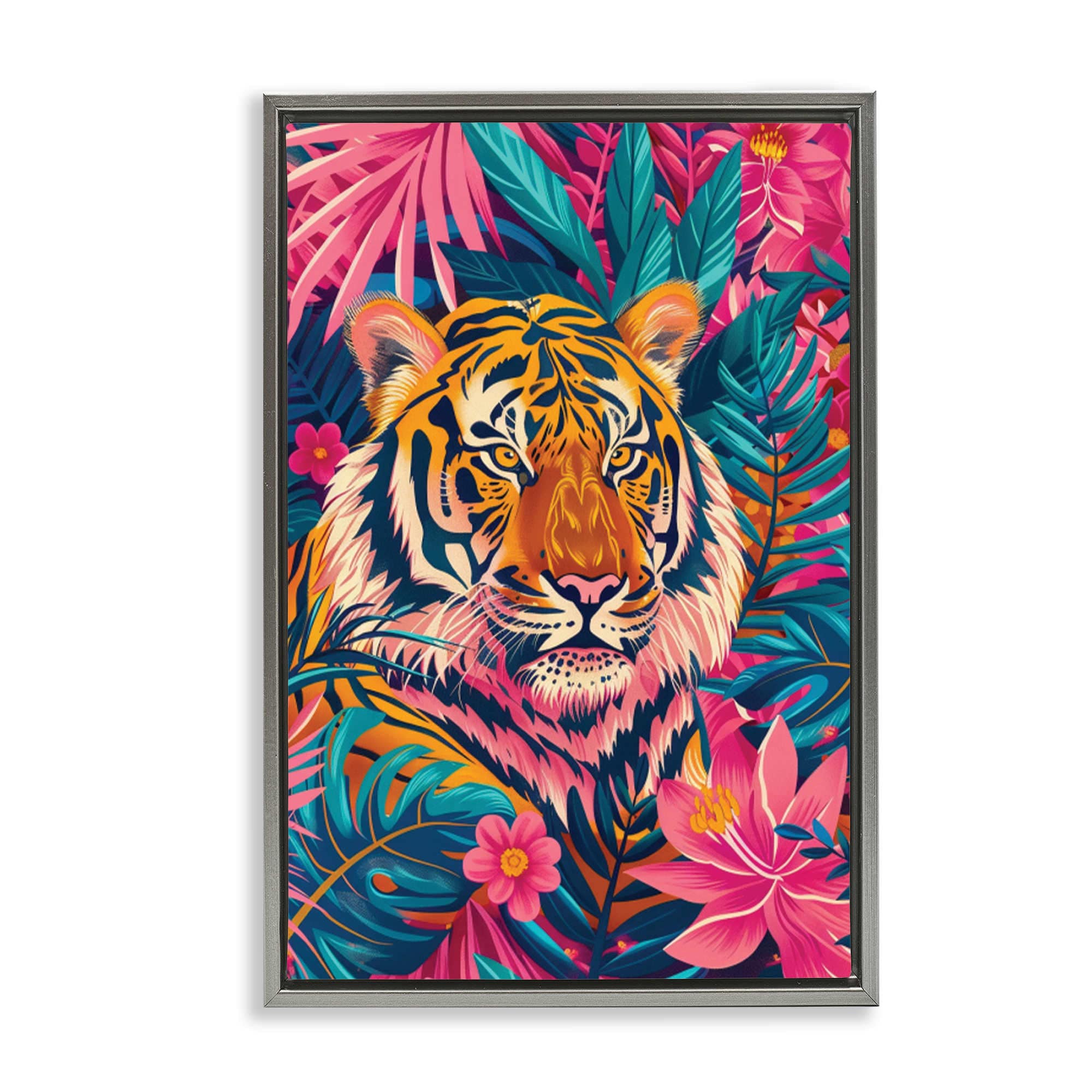 Stupell Industries BT-660-FFL-16X24 Tropical Tiger Among Leaves Gray Framed Floater Canvas Wall Art By LSR Design Studio 17 x 25
