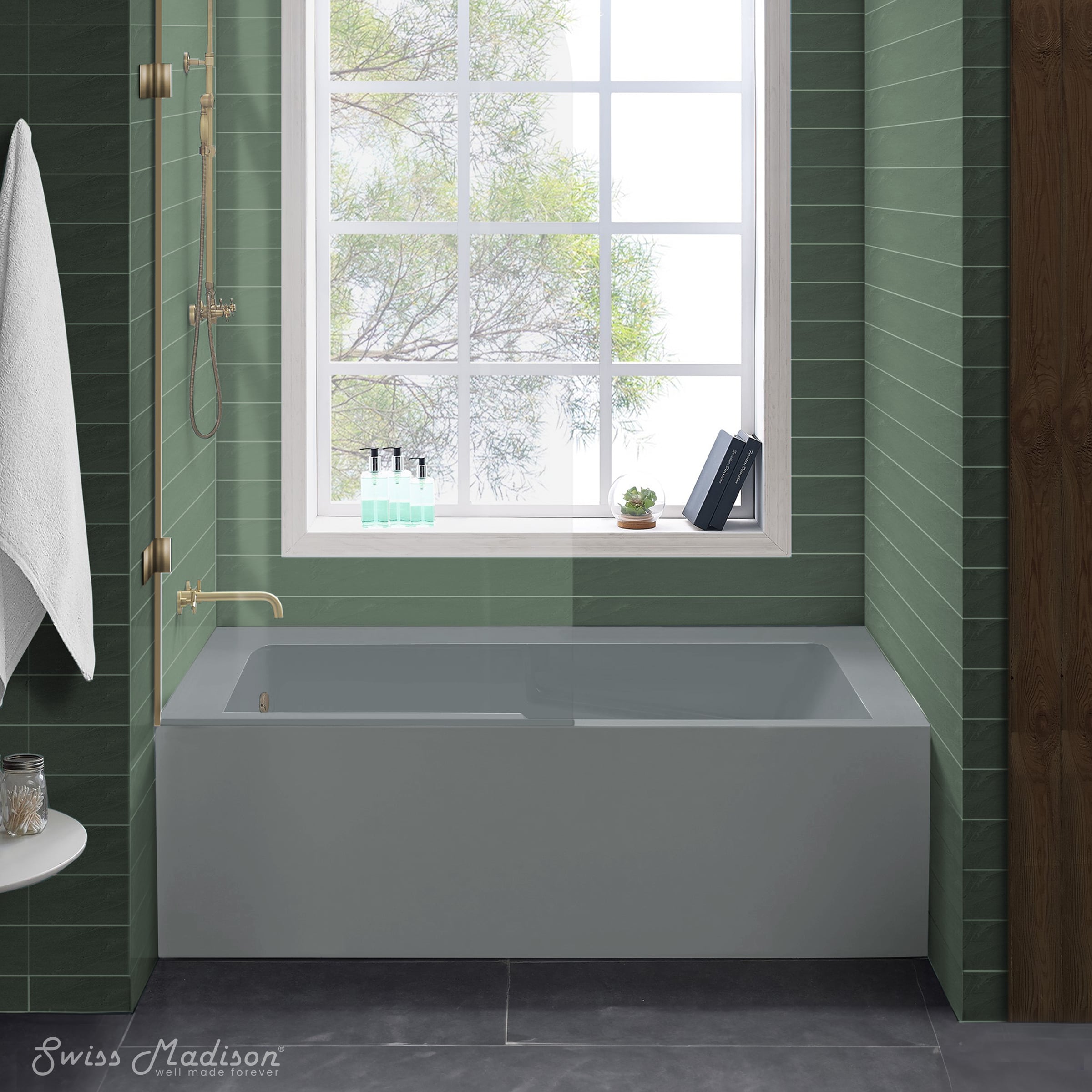 Swiss Madison SM-25-APLAU04MG Lausanne 32-in x 60-in Matte Gray Acrylic Rectangle Alcove Soaking Bathtub ( Left Drain )