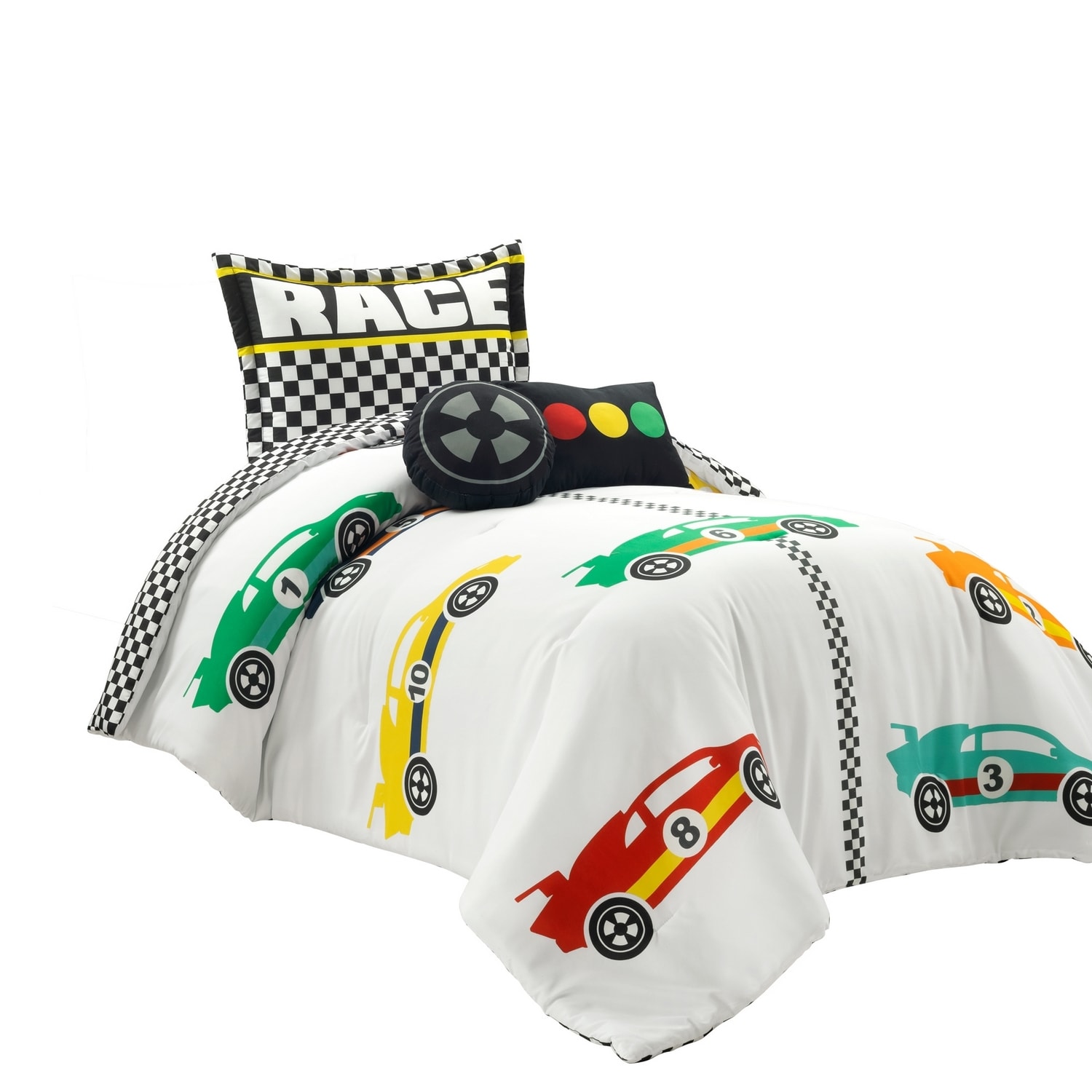 White Microfiber Twin Racing Cars Reversible Comforter Set