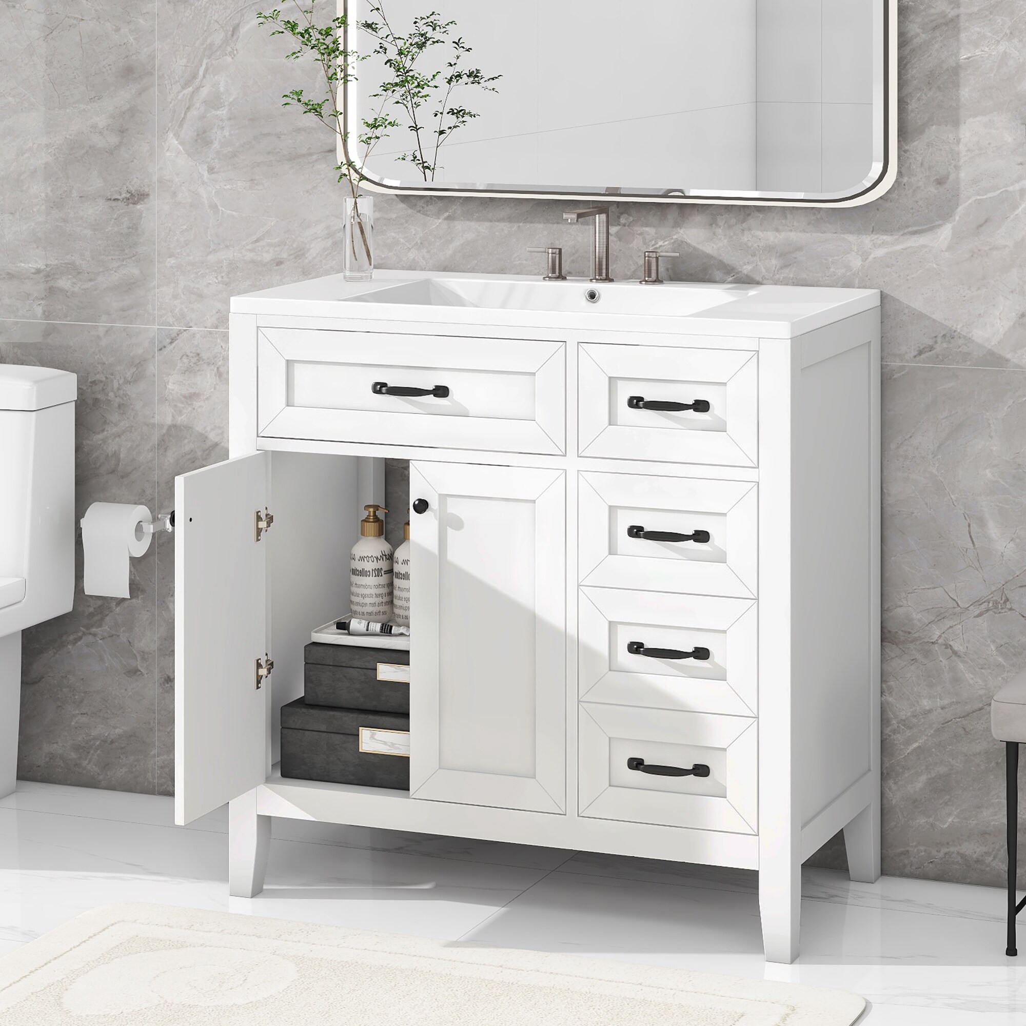 Tatayosi JJ-007AAK-6 36inches Bathroom Vanity with Sink Combo White Bathroom Cabinet with Drawers Solid Frame and MDF Board