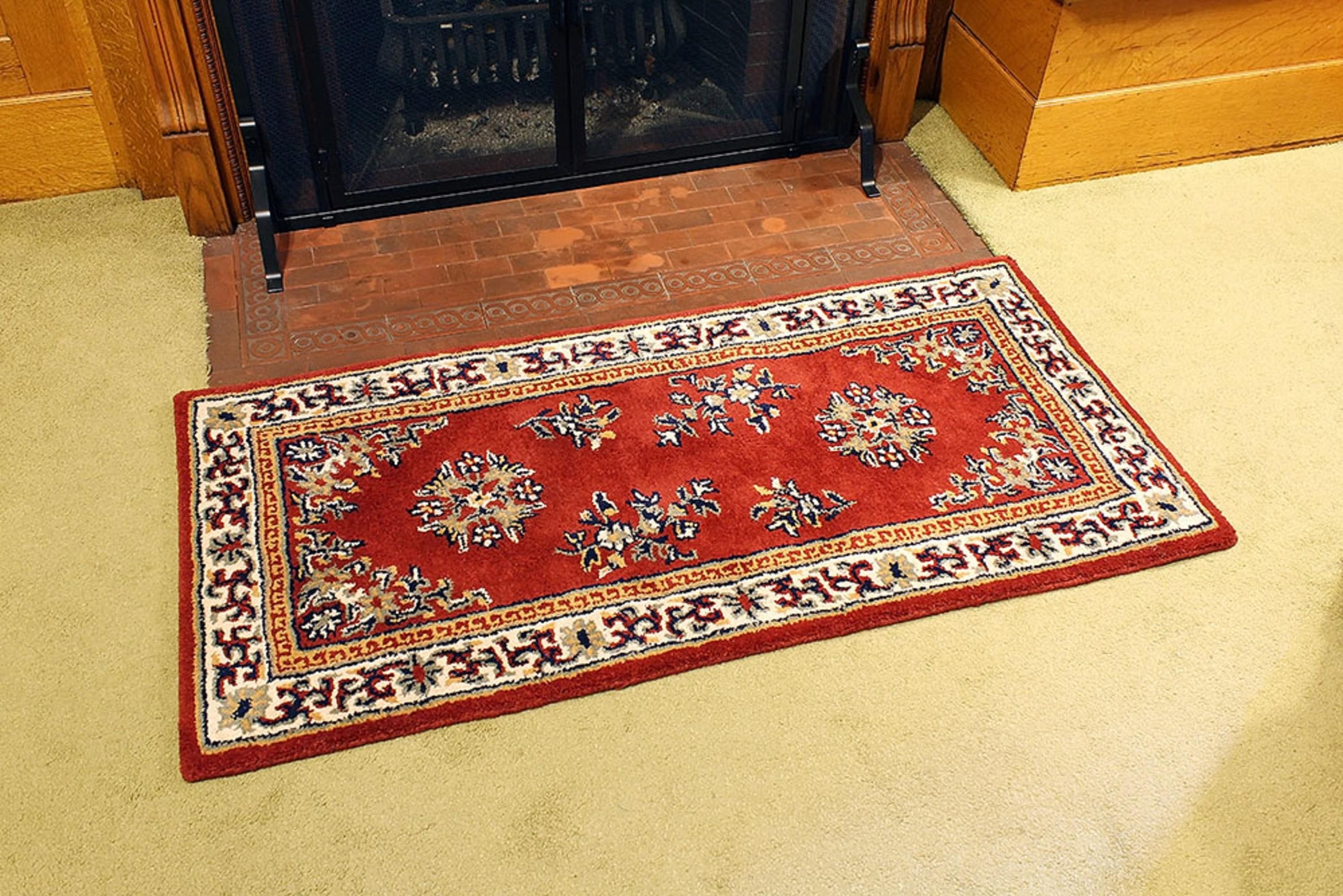 Elegant Burgundy Oriental Hearth Rug in Handmade Wool, 56"x26"