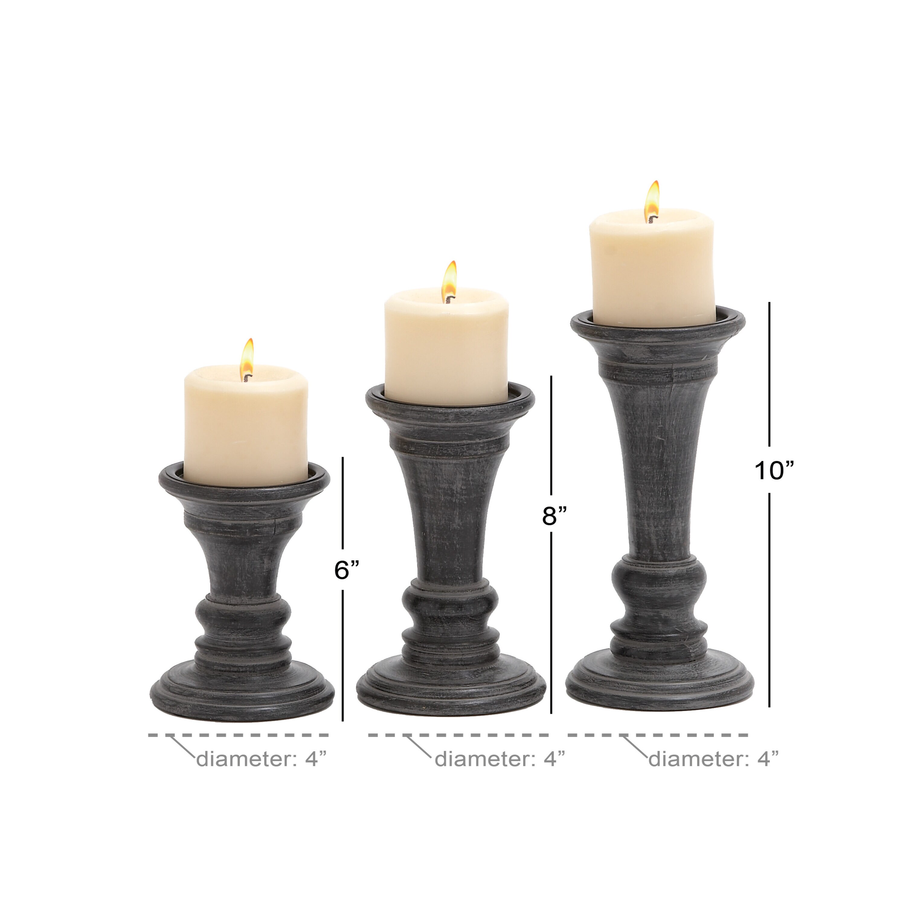 Black Mango Wood Ridge Embellished Candle Holders, Set of 3