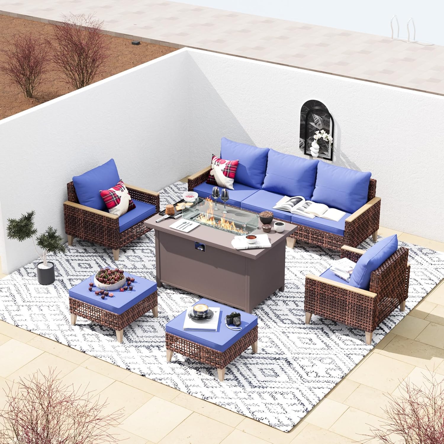 CESICIA R24-5P-GY 8 -Piece Wicker Patio Sofa Conversation Set with Blue Cushions