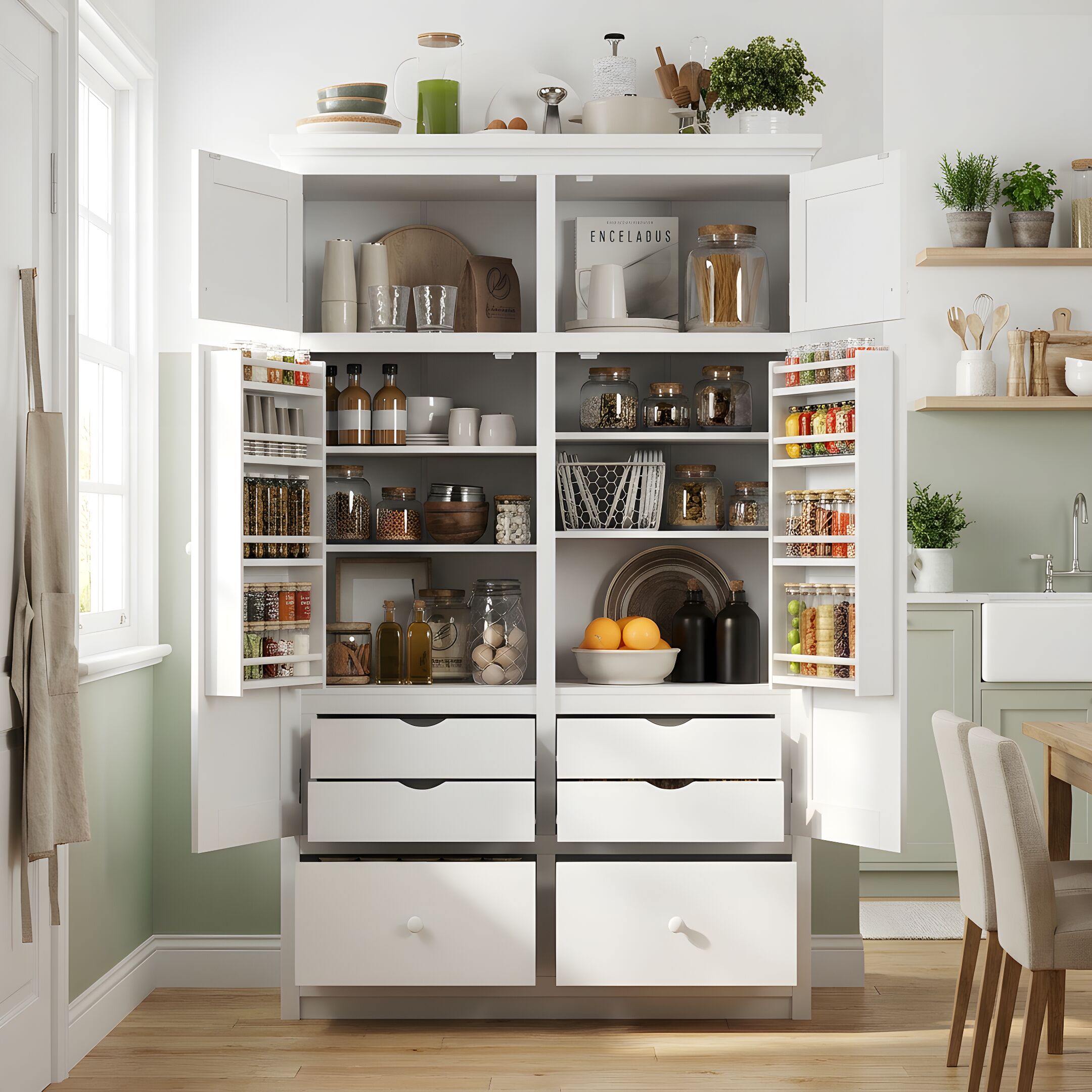 Vynxaria 46.5-in W x 74.8-in H x 20.9-in D White Freestanding Kitchen Pantry Cabinet with Adjustable Shelves and 6 Drawers and Door Shelves