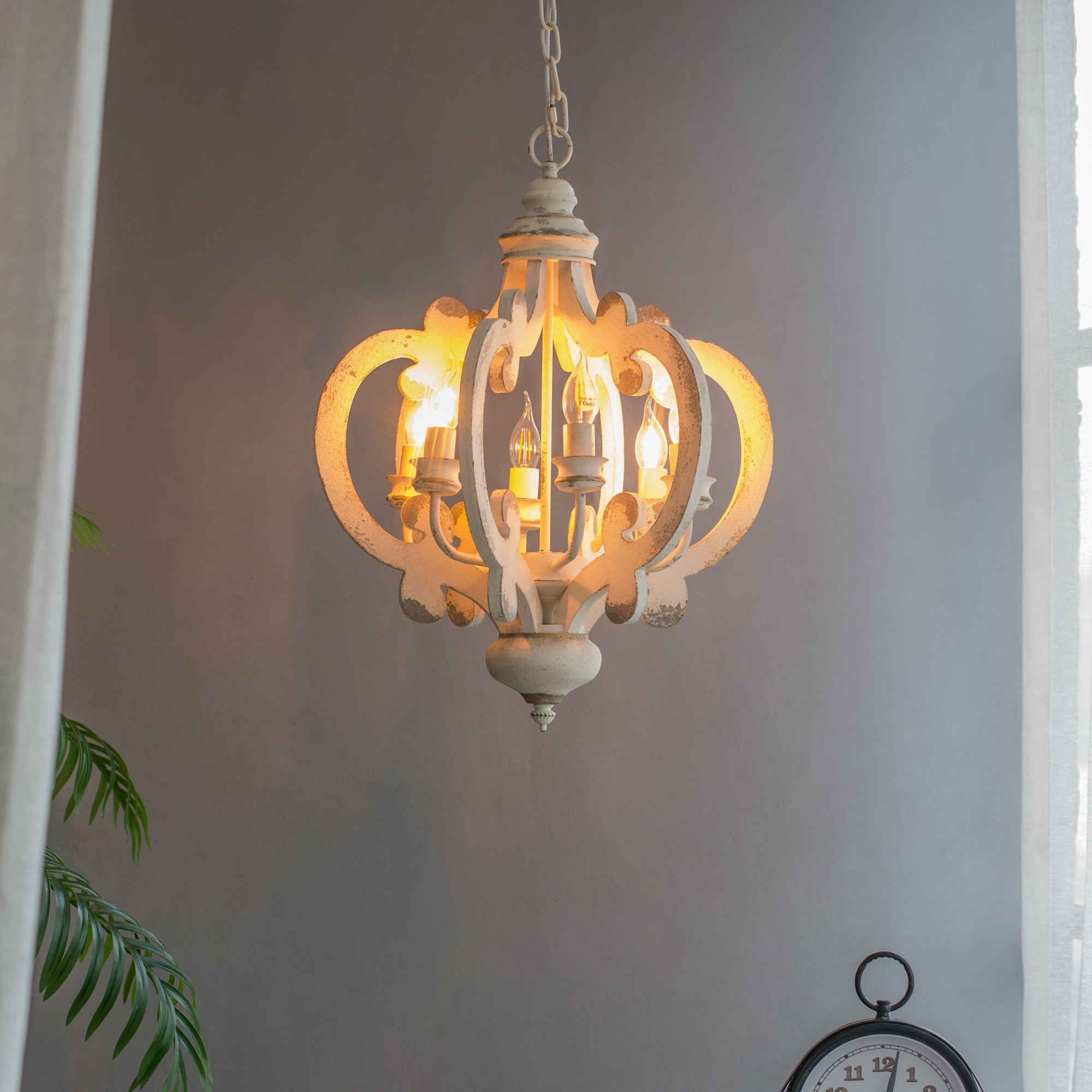 UOI 21 inch x 18 inch x 24 inch Beige MDF and Iron French Country Wood Chandelier with 6-Light Farmhouse Pendant Light Fixture and Adjustable Chain