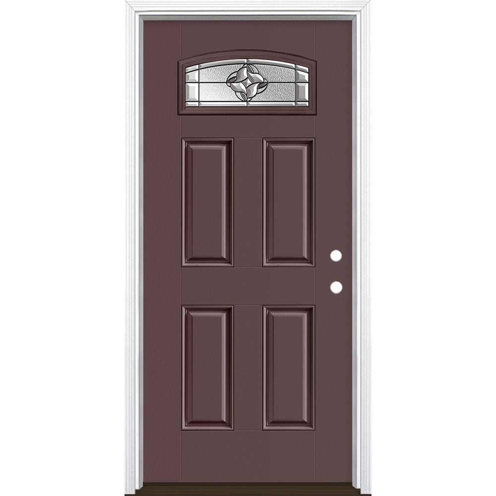 Masonite 3423221 Rozet 36-in x 80-in x 4-9/16-in Fiberglass 1/4 lite Left-hand inswing Currant Painted Prehung Single door Front Door with Brickmould Insulating core Decorative glass