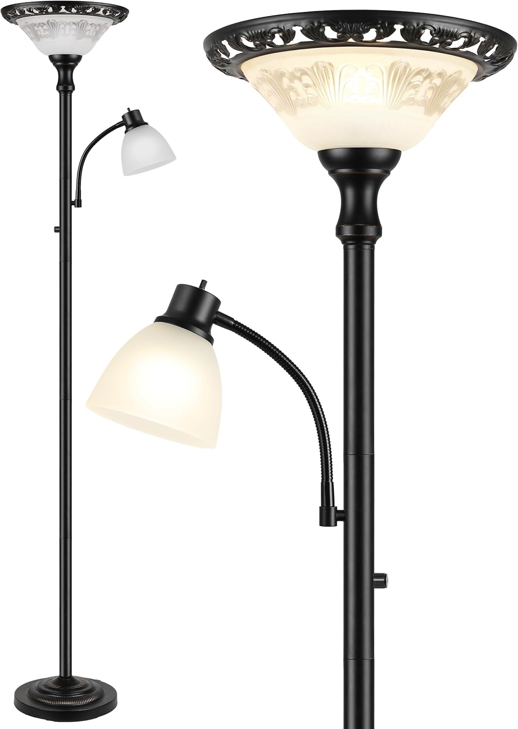 Cinoton Torchiere Floor Lamps for Living Room Tall Standing Lamp with Thick Glass Shade Metal Pole and Heavy Base Vintage Corner Lamp with Reading Light Home Decor for Bedroom Office 3CCT Bulb Included