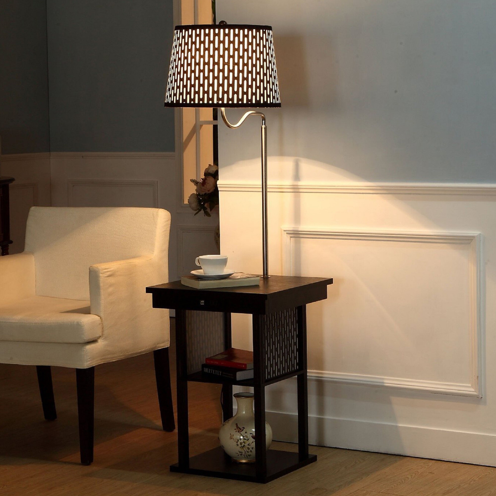 Black Adjustable Kids Shelf with Built-In Lamp and USB