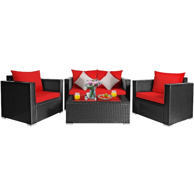 Goplus Costway Rattan Outdoor Sofa With Cushion S And Black Red Frame In The Patio Sectionals Sofas Department At Com - Rattan Outdoor Furniture Cushion Covers