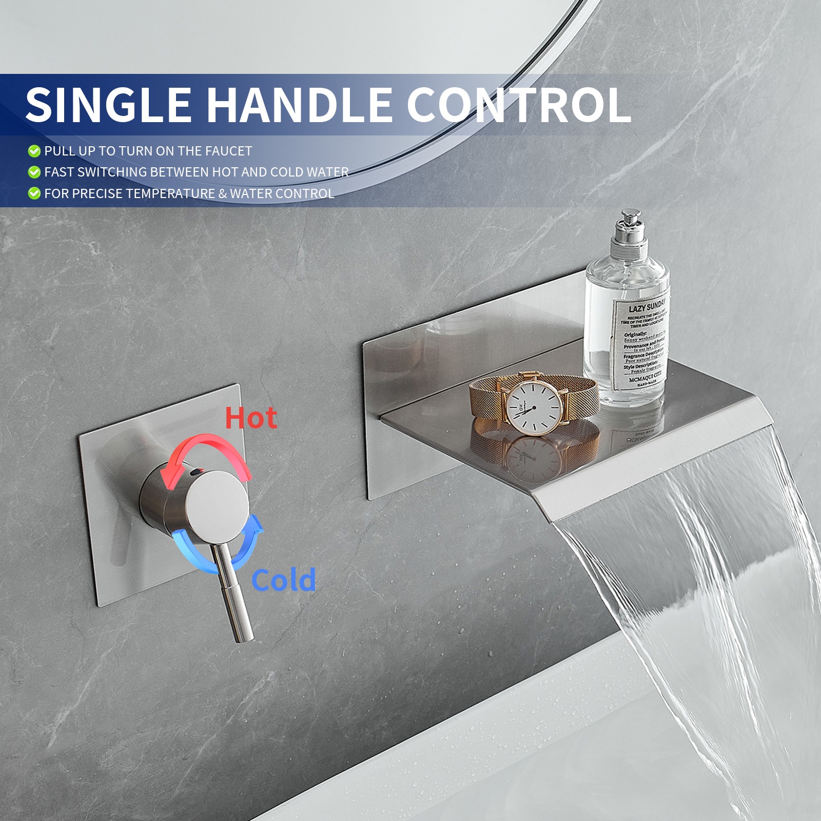 Brushed Nickel Wall Mount Waterfall Bathroom Faucet with Lever Handle