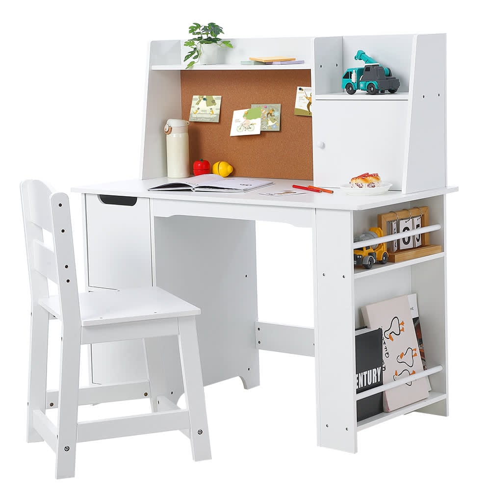 Qeetex SUN-PTO-0YTJJ3RY Kids Desk and Chair Set with Storage and Bulletin Board Wooden Study Table for Boys and Girls