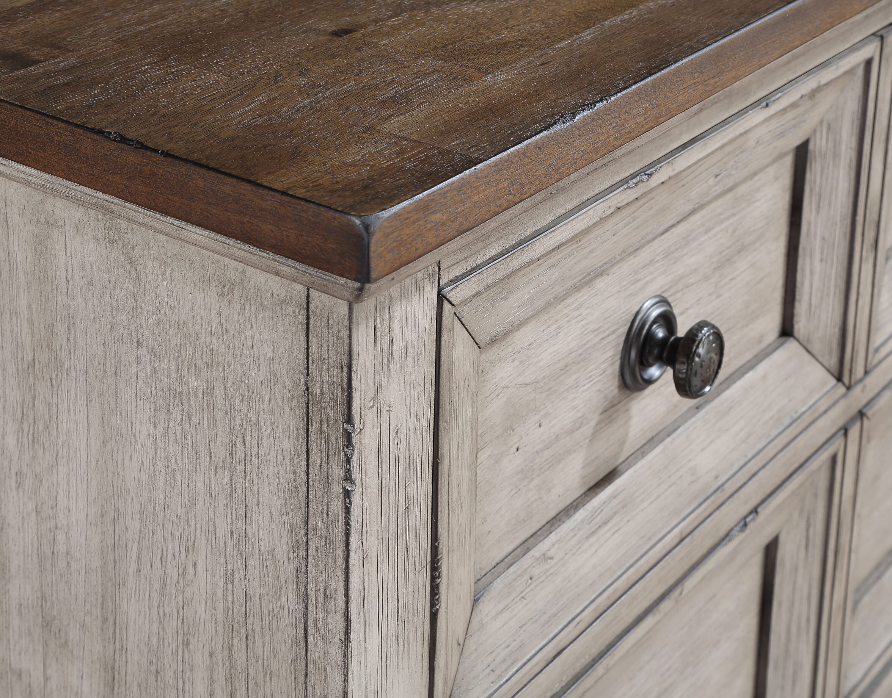 Vintage Creme Acacia Wood 5-Drawer Chest with Walnut Top