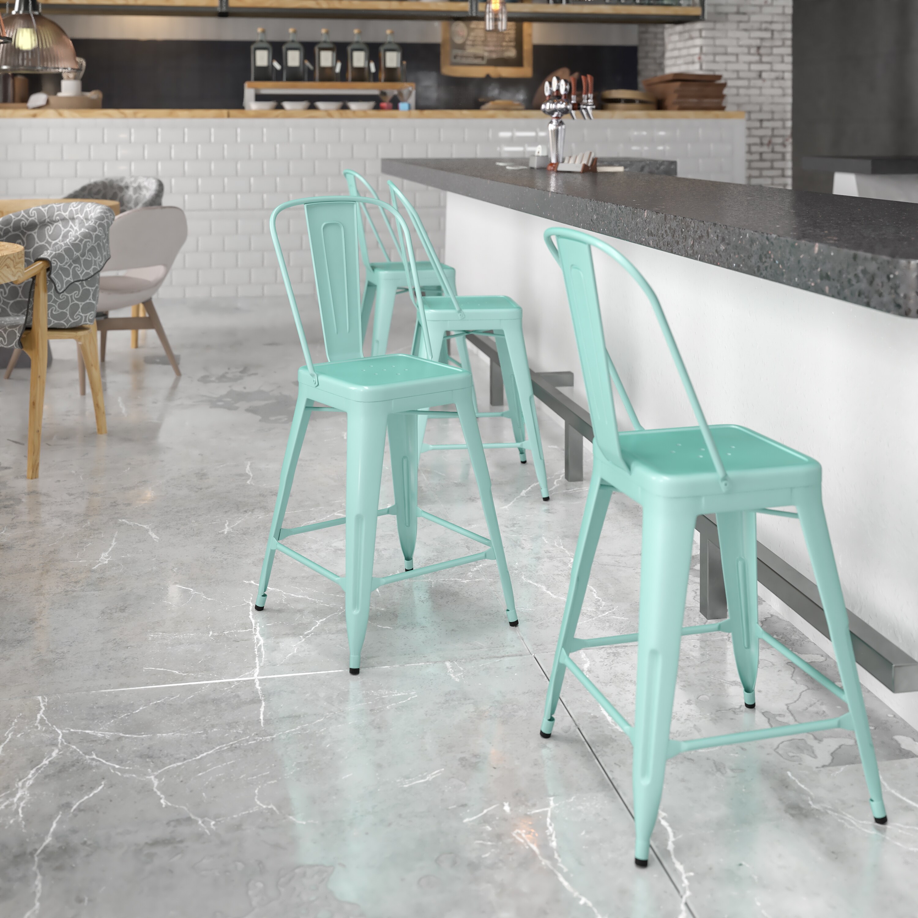 Mint Green Industrial Metal Tolix Bar Stool with Cone Legs