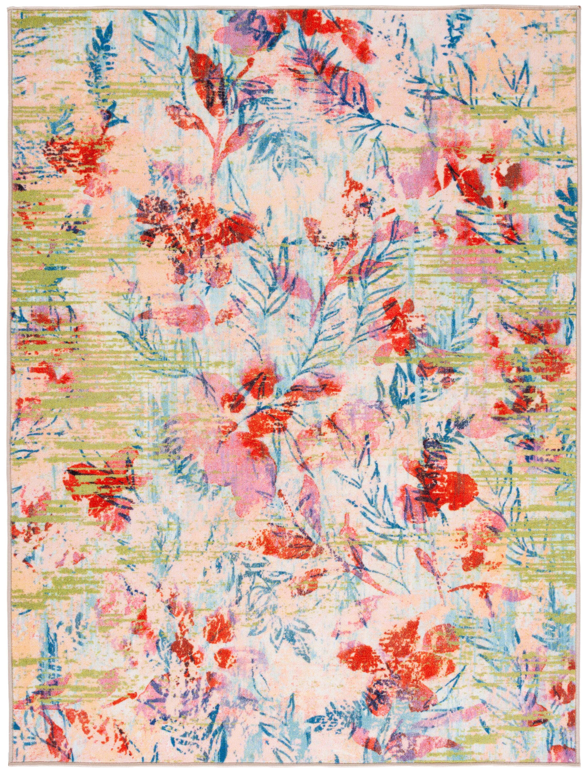 Blue and Pink Abstract Floral Machine Washable Area Rug
