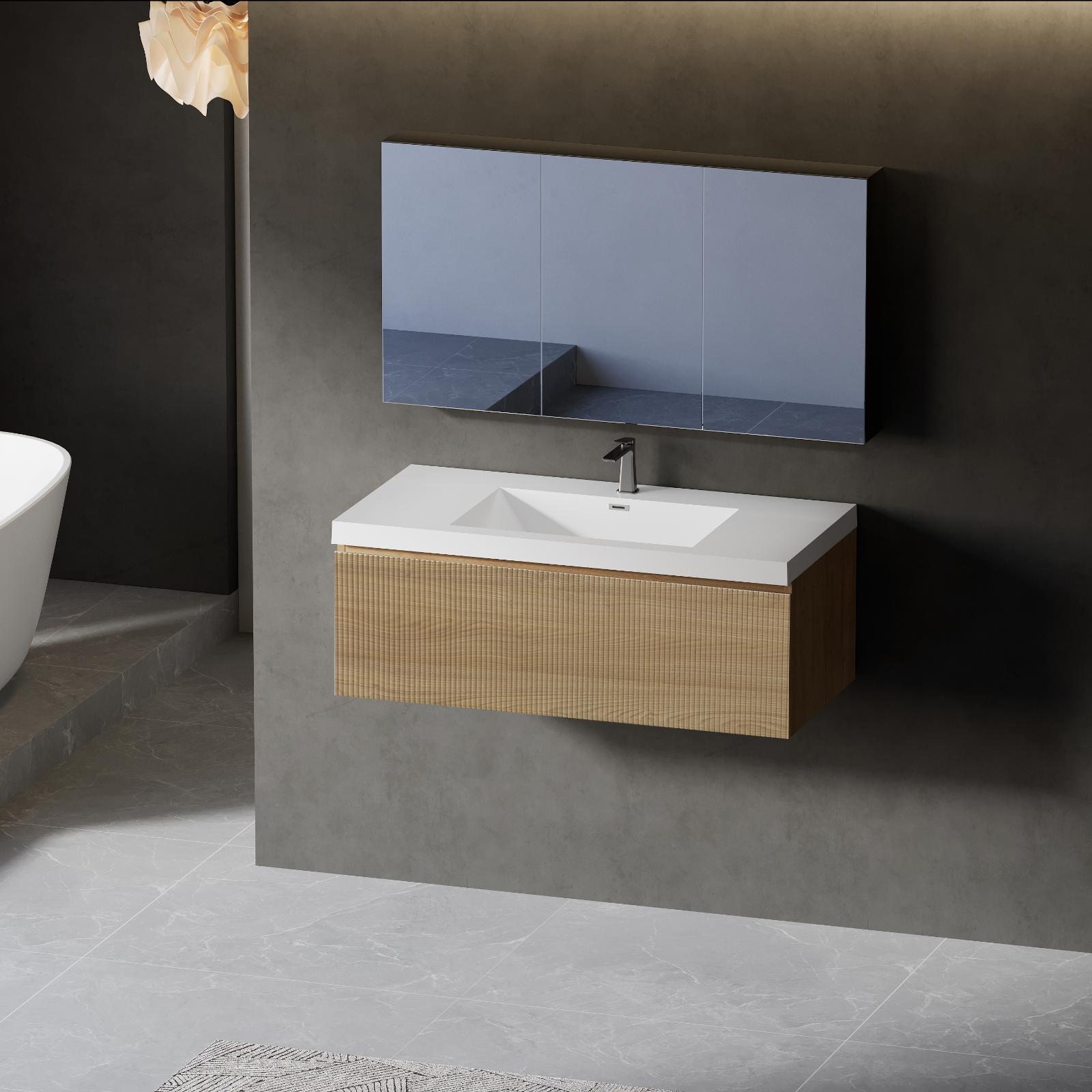 BWE F-VN04-F42NOW 42-in Oak Natural Wood + OFF White Single Sink Floating Bathroom Vanity with Gloss white Stone Veneer Top