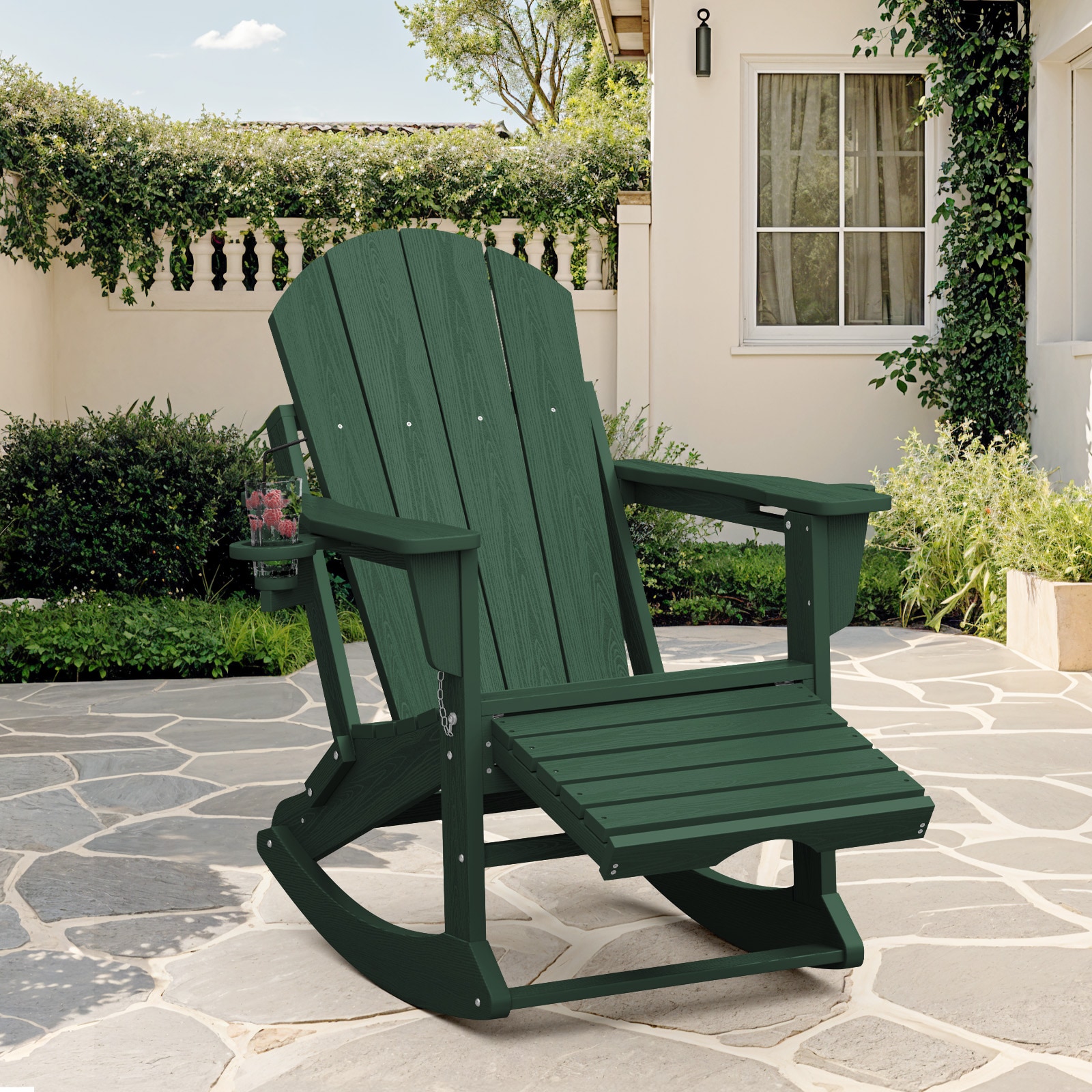 JEAREY PEDGNYY-GN Adirondack Rocking Chair with Ottoman and Cup Holder Stackable Green HDPE Frame Adirondack Chair with Slat Seat