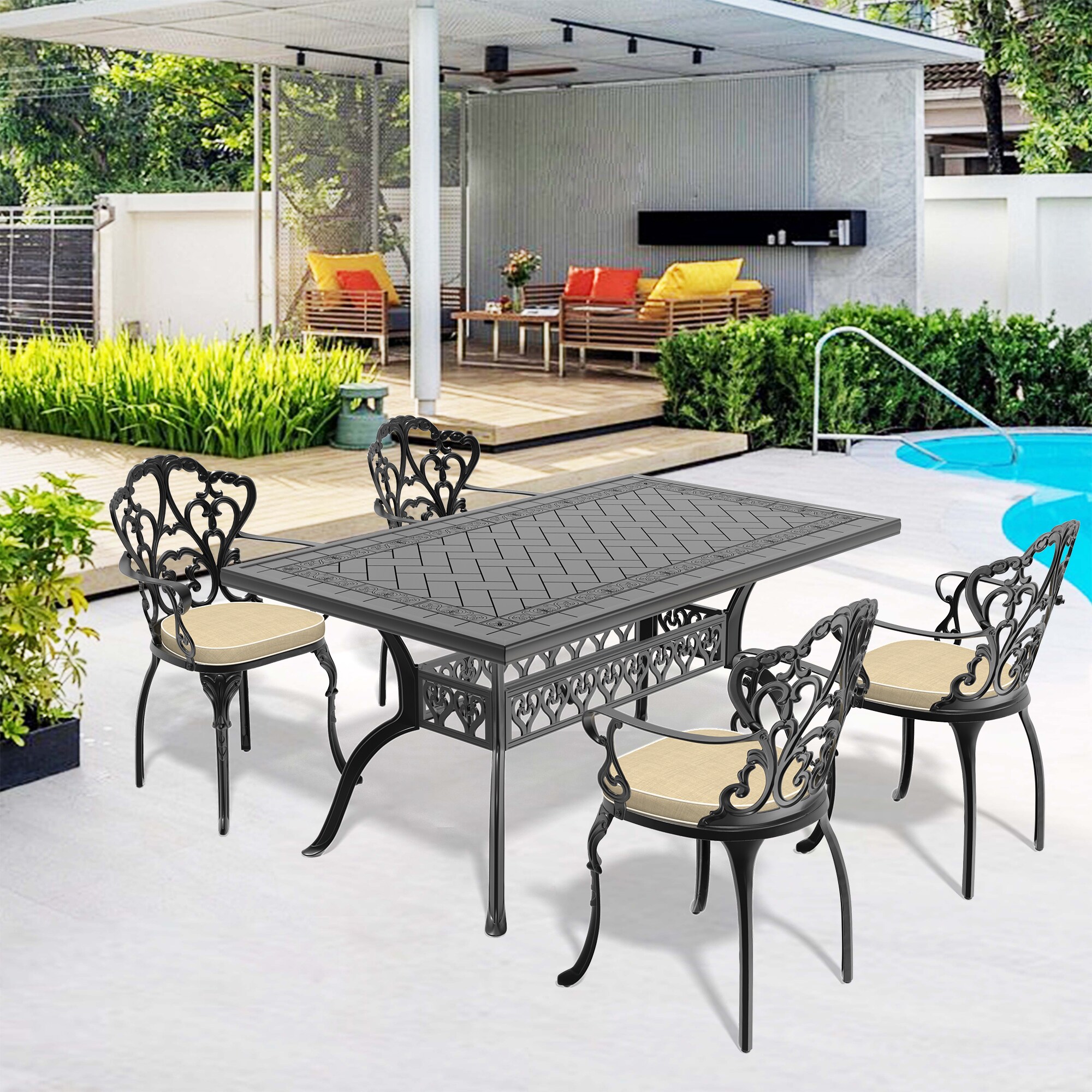 5-Piece Black Patio Dining Set Aluminum Rectangle Table with 4 Off-white Cushions Stationary Chairs Polyester | - nicesure SLBK6047CZ4A1165RC