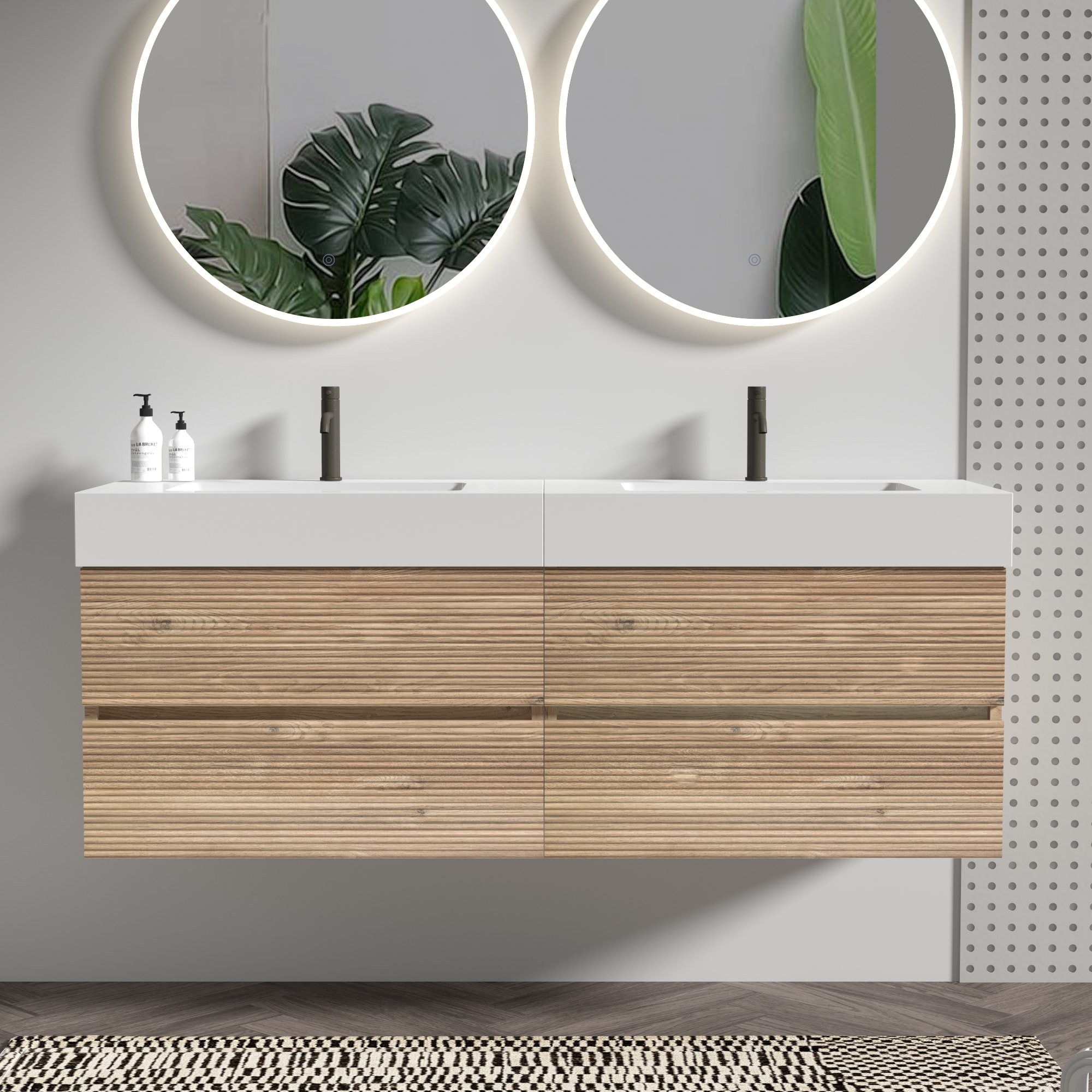 GDFStudio 349194 Grace Modern 60-inch Floating Bathroom Vanity with White Glossy Quartz Sink and Soft-close Drawers-Oak Finish