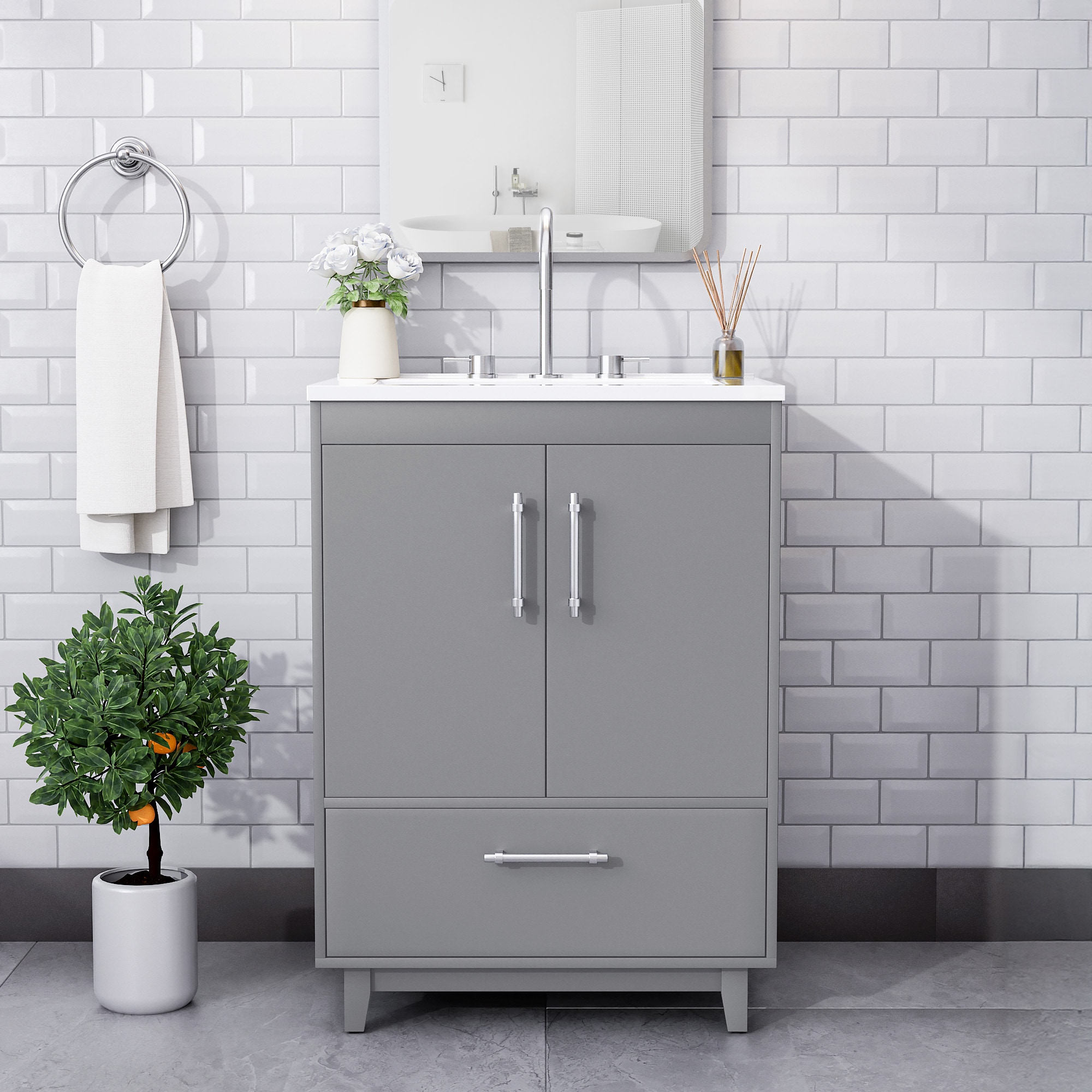 JEAREY HDBY-LG 25 Gray Single Sink Bathroom Vanity with White Polymarble Top